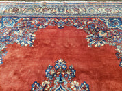 Semi Antique Persian Sarouk Rug 9x12,  Semi Open Field with Central Medallion, Hand Knotted Wool, Tomato Red, 9 x 12 Authentic Oriental Carpet