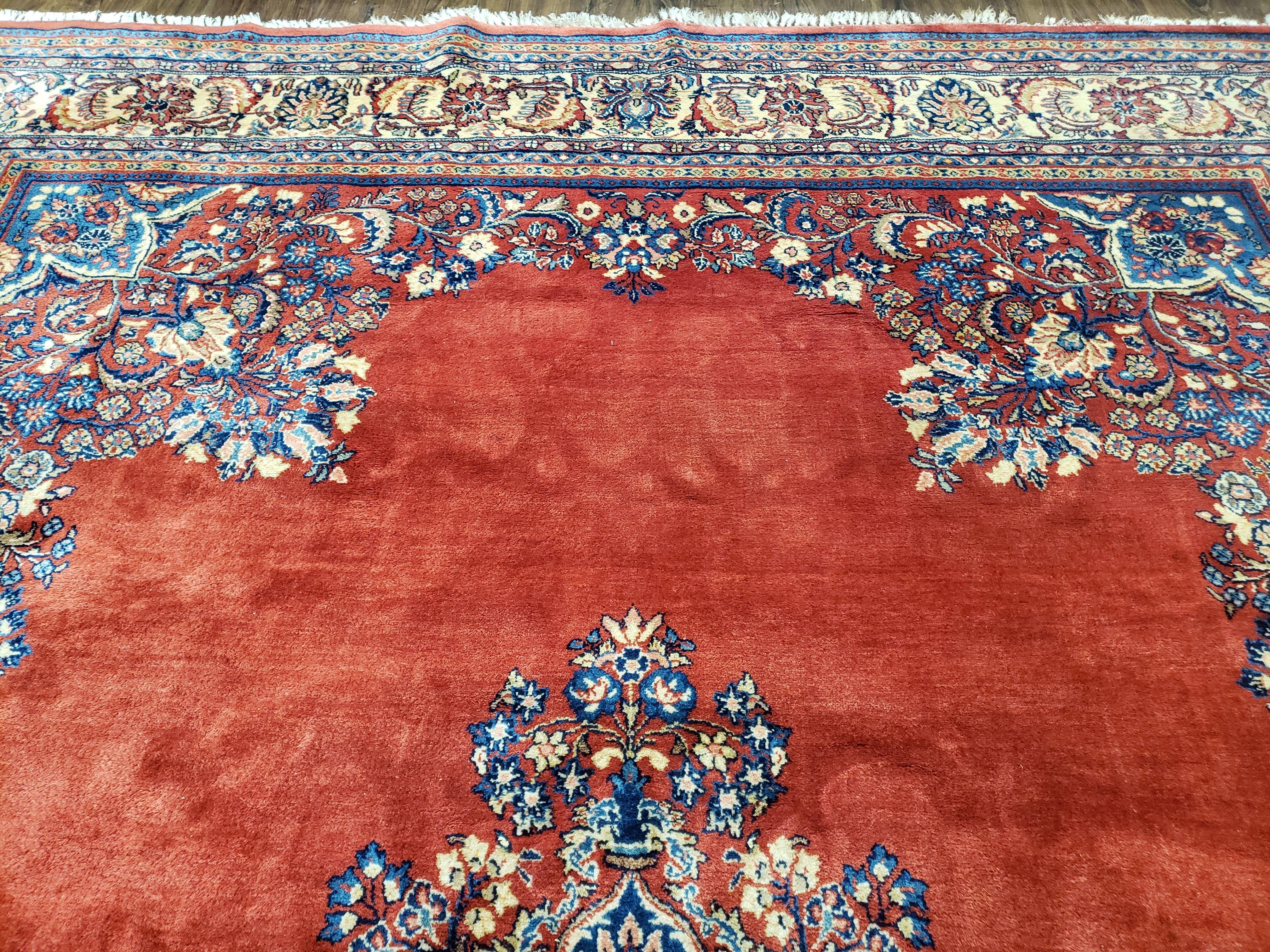 Semi Antique Persian Sarouk Rug 9x12,  Semi Open Field with Central Medallion, Hand Knotted Wool, Tomato Red, 9 x 12 Authentic Oriental Carpet