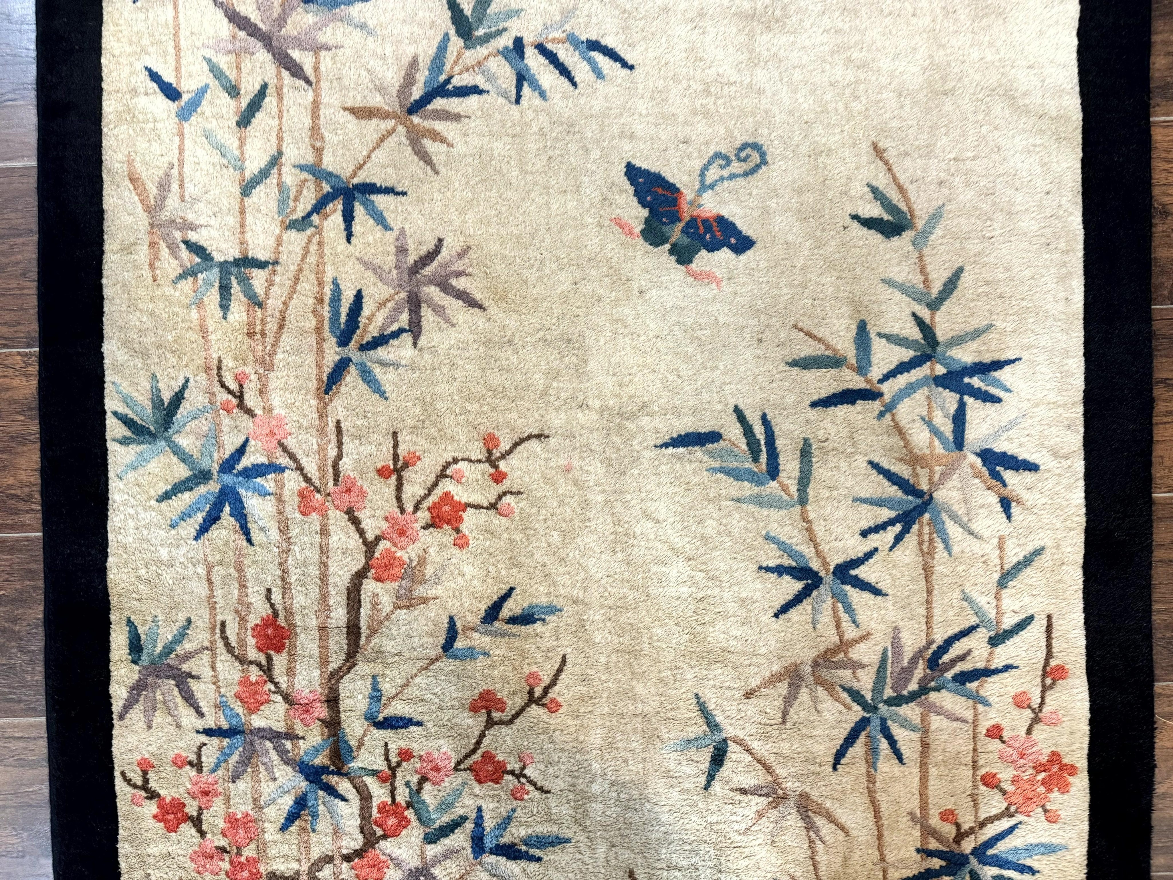 Antique Chinese Oval Rug 3.9 x 6.7, Floral, Butterflies, Chinese Wool Art Deco Peking Carpet, Beige, Handmade