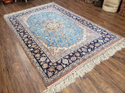 Persian Isfahan Rug, Kork Wool on Silk Foundation, Sky Blue, Hand-Knotted, 5' 1" x 7' 8"