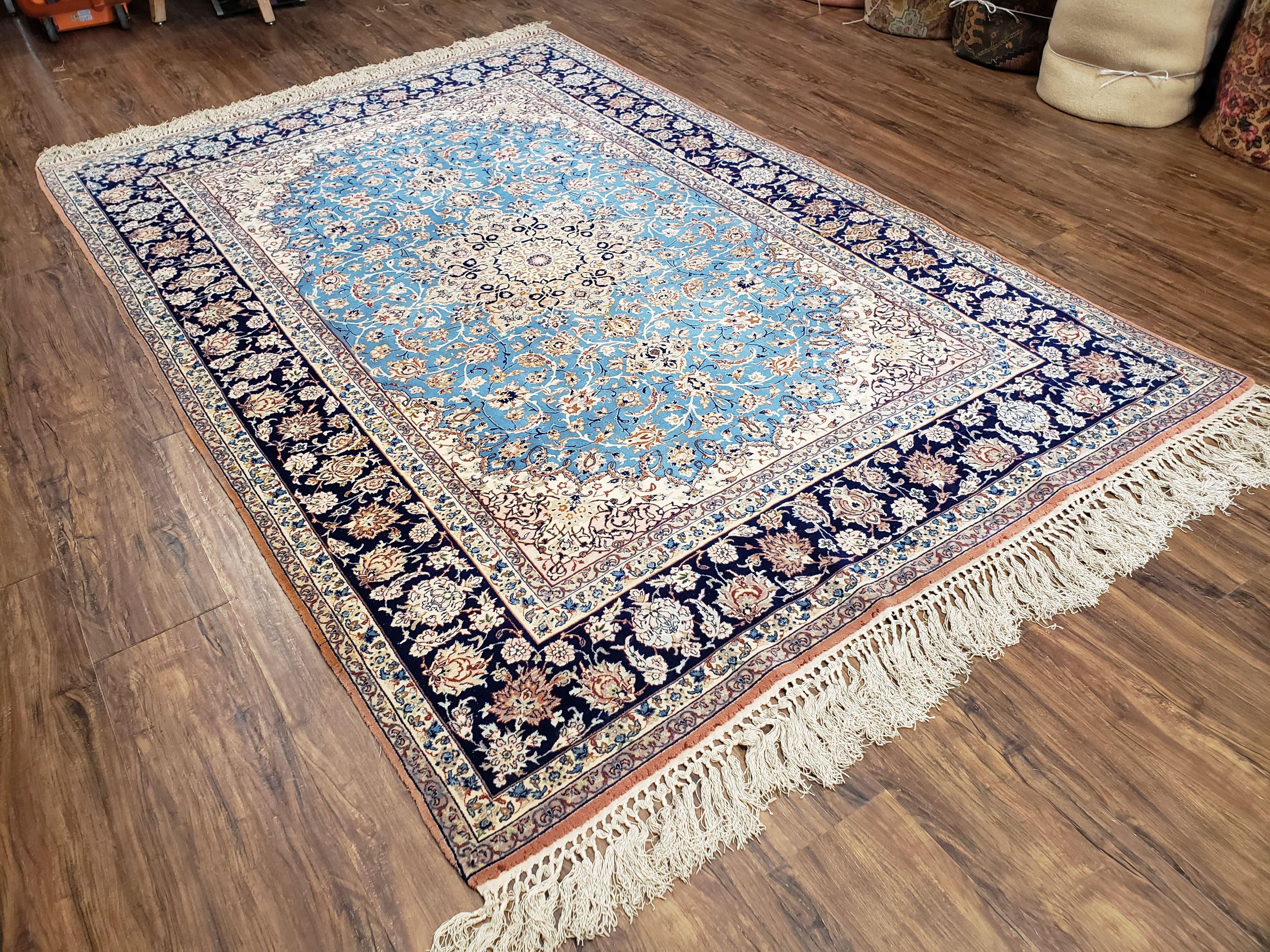 Persian Isfahan Rug, Kork Wool on Silk Foundation, Sky Blue, Hand-Knotted, 5' 1" x 7' 8"