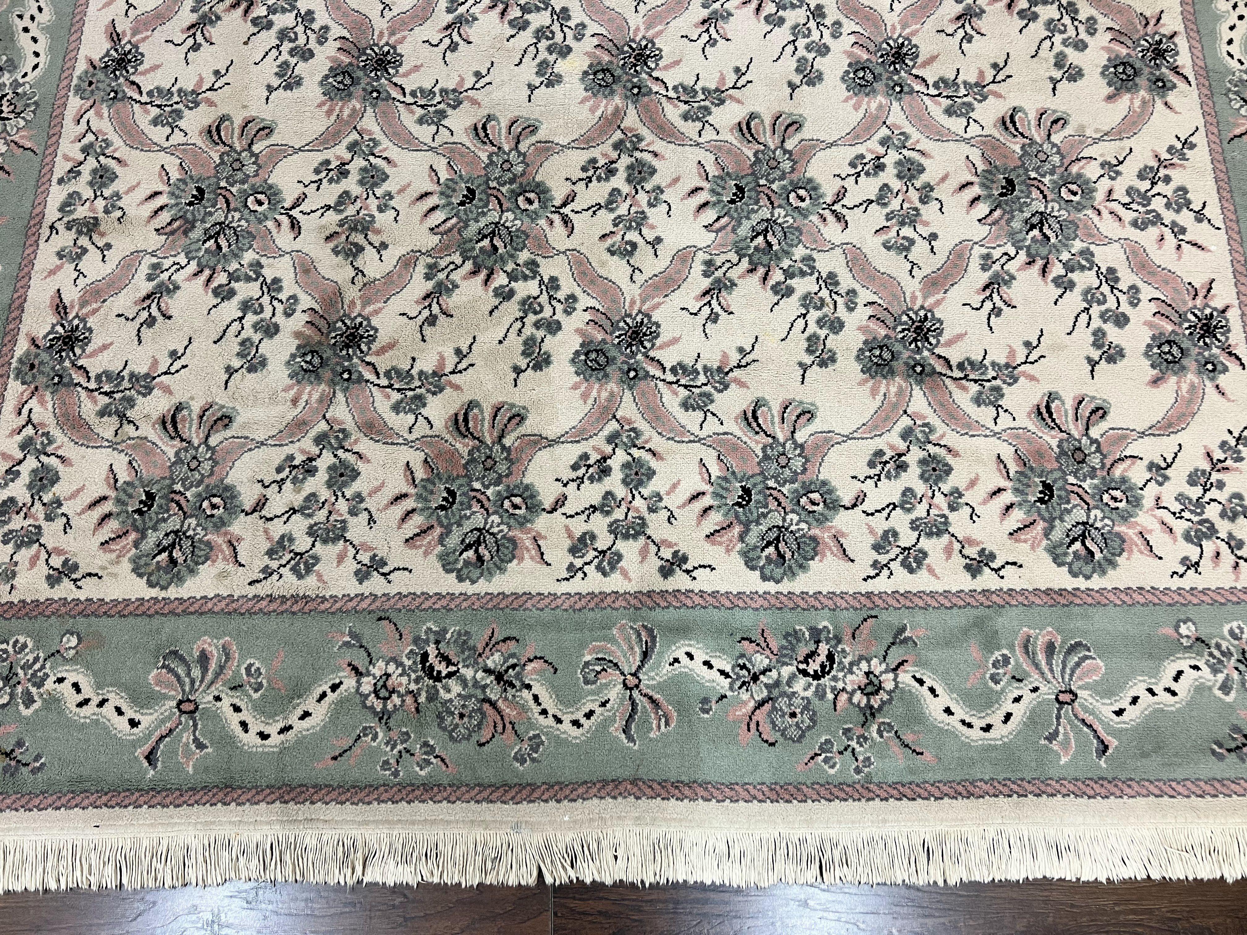 Belgium Power Loomed Rug 8x11, Ivory and Green, Wool Carpet, Floral
