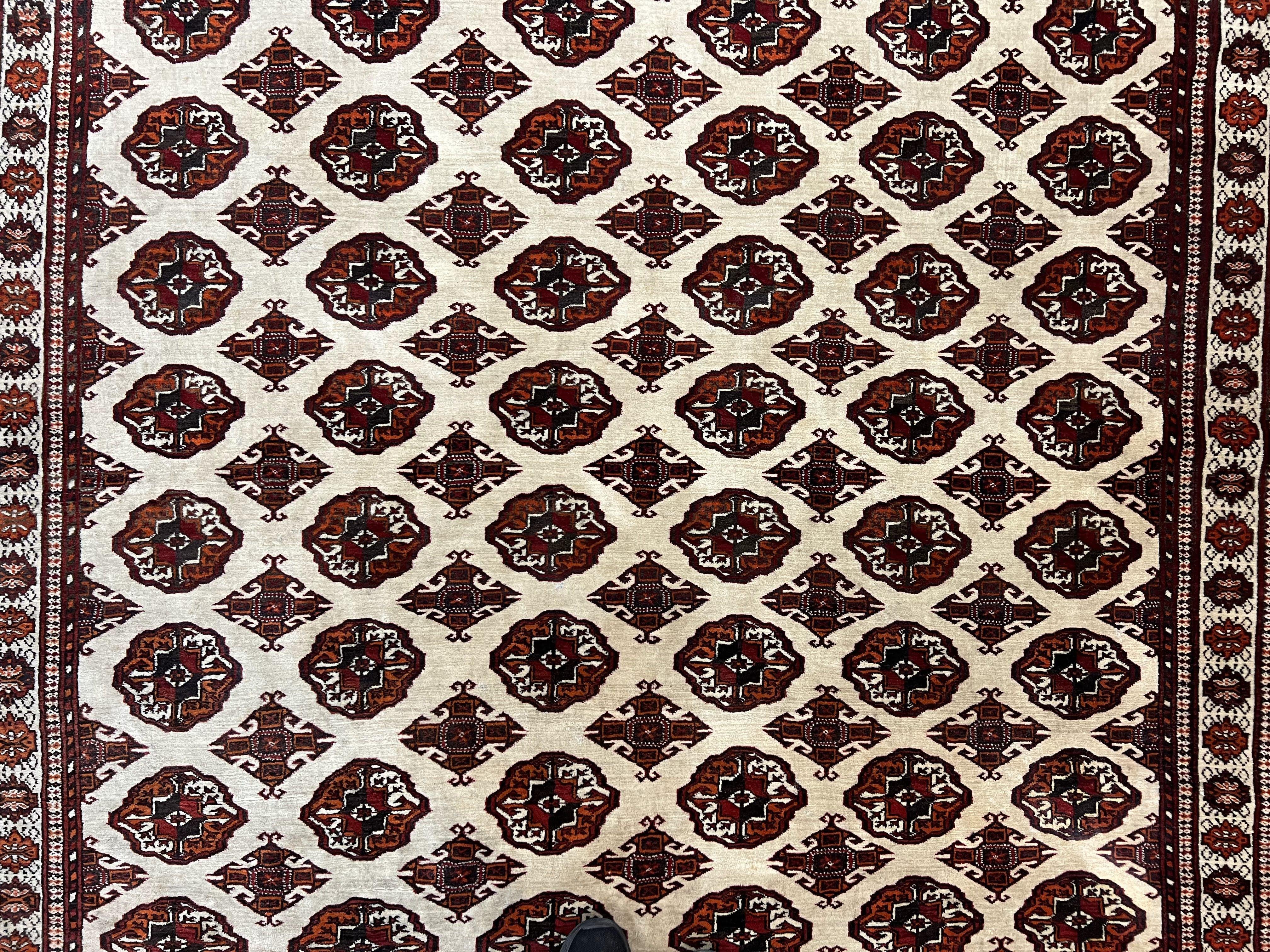 Persian Turkoman Rug 7x8, Almost Square Rare, Hand Knotted, Yamud, Bohemian Rug, Handmade Tribal Rug, Cream Red, Handmade Oriental Carpet