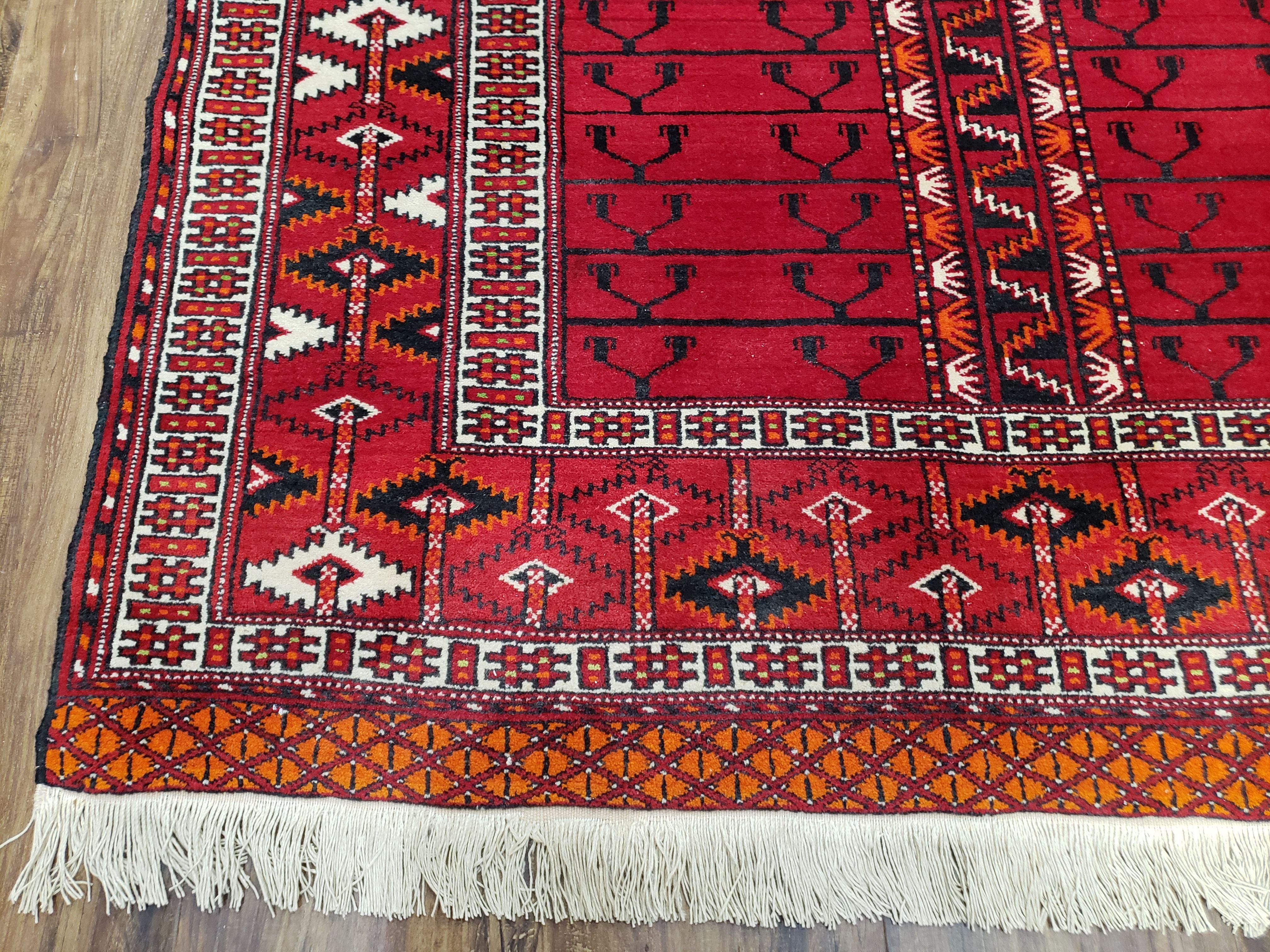 Antique Persian Turkoman Rug 4x5, Hatchli Tekkeh Ersari Red Tribal Rug, Handmade Wool Oriental Carpet, Four Seasons Rug