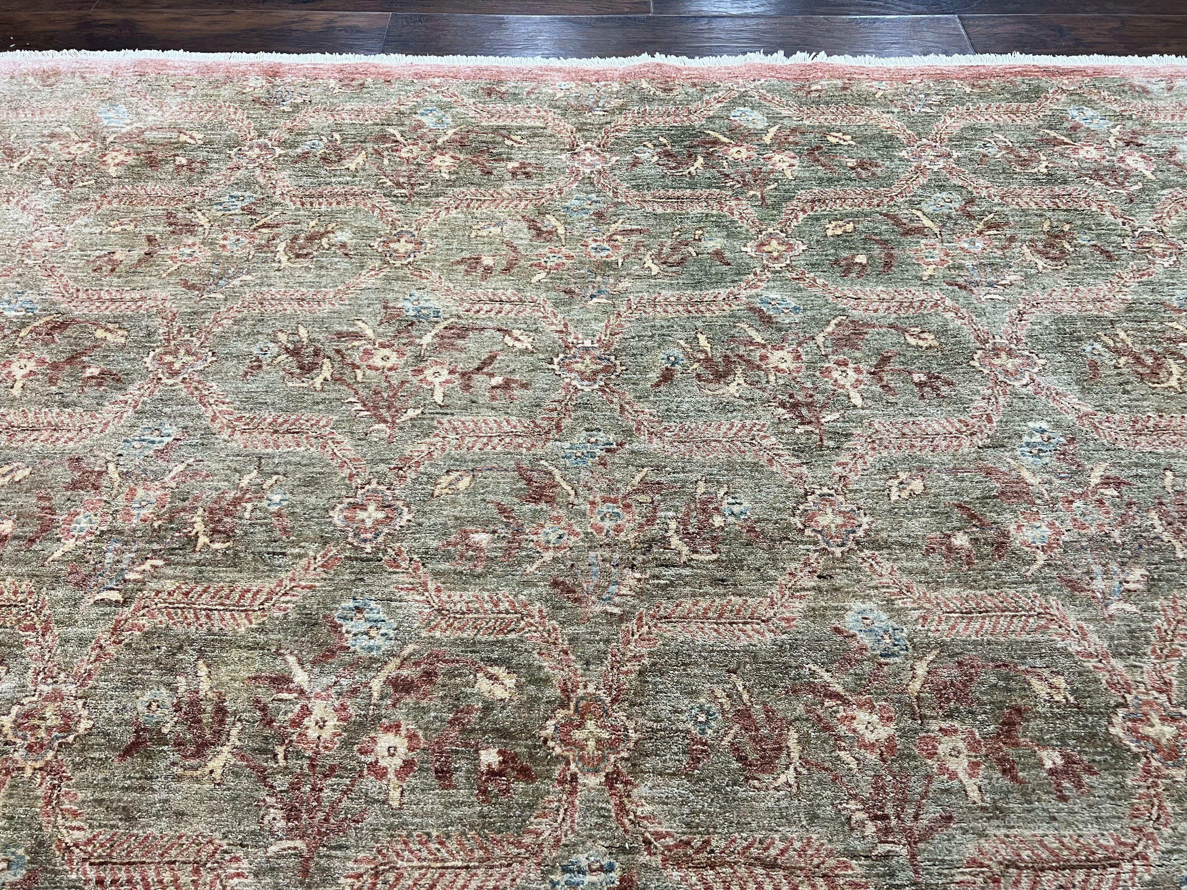 Large Modern Pakistani Rug 9x12, Handmade Wool Carpet, Peshawar Rug, Hand Knotted Oriental Rug, Contemporary, Floral, Light Green
