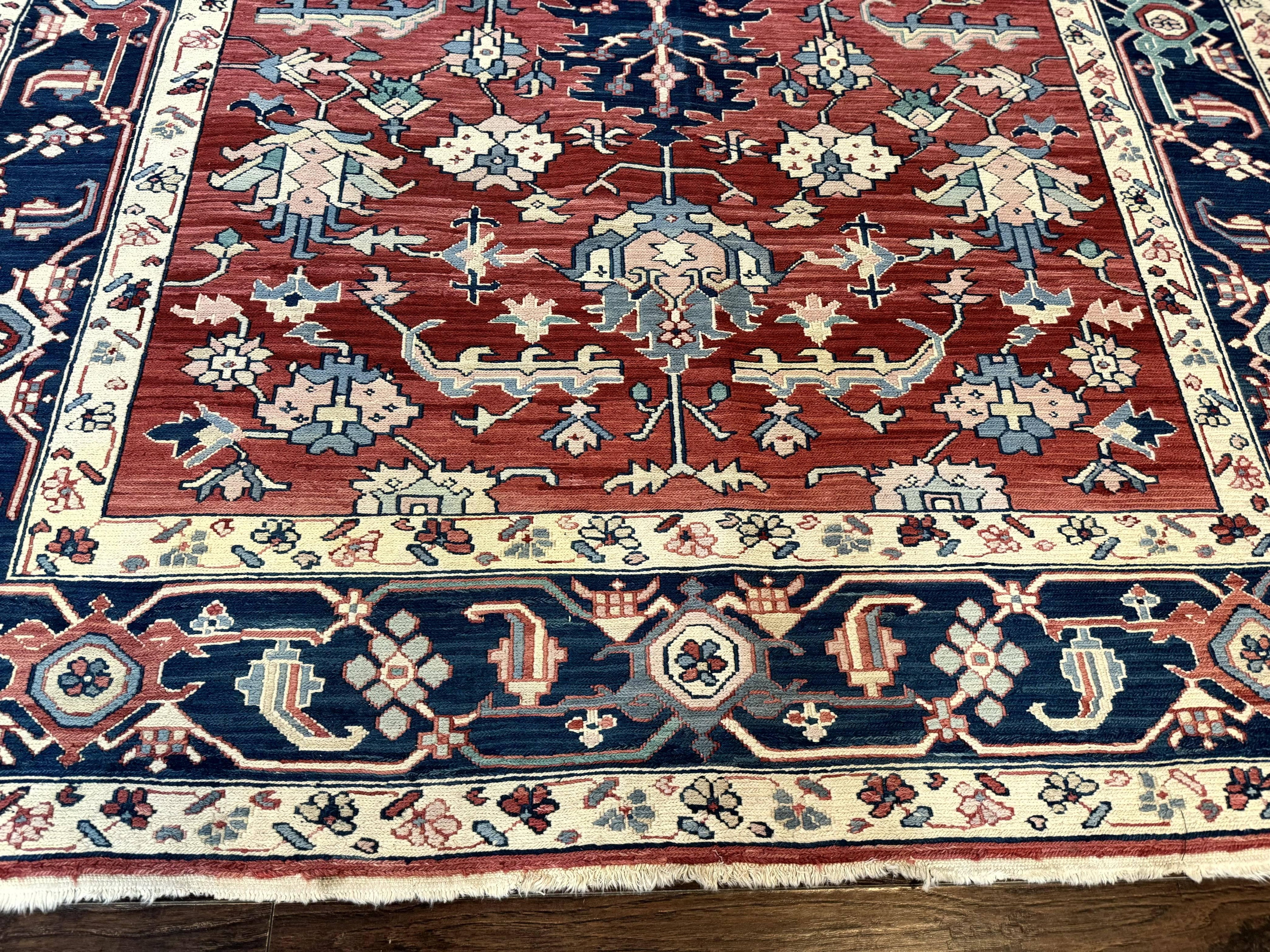 Turkish Flatweave Rug 6x9, Heriz Design, Red and Blue