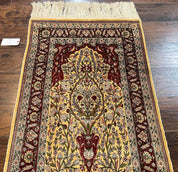 Wonderful Silk Turkish Hereke Prayer Rug 2.8 x 4.5, Tree of Life Design, Signature from Master Weaver, Gold and Burgundy, Handmade, 625 KPSI