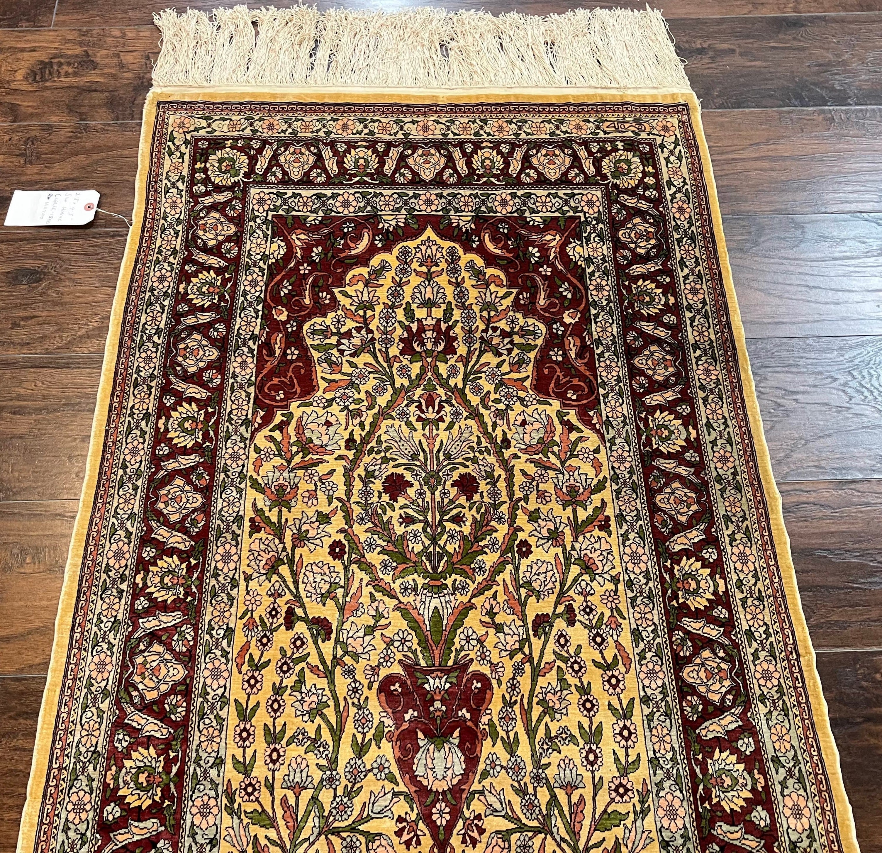 Wonderful Silk Turkish Hereke Prayer Rug 2.8 x 4.5, Tree of Life Design, Signature from Master Weaver, Gold and Burgundy, Handmade, 625 KPSI