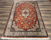 Persian Qum Silk Rug 5x7 - Floral Medallion, Birds, Orange-Red