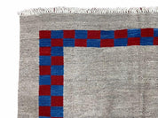 Gray Turkish Kilim Carpet 5' 7" x 7' 7", Medium Kilim Rug, Hand-Knotted, Blue & Red Border, Minimalistic Design, Geometric, Wool, New