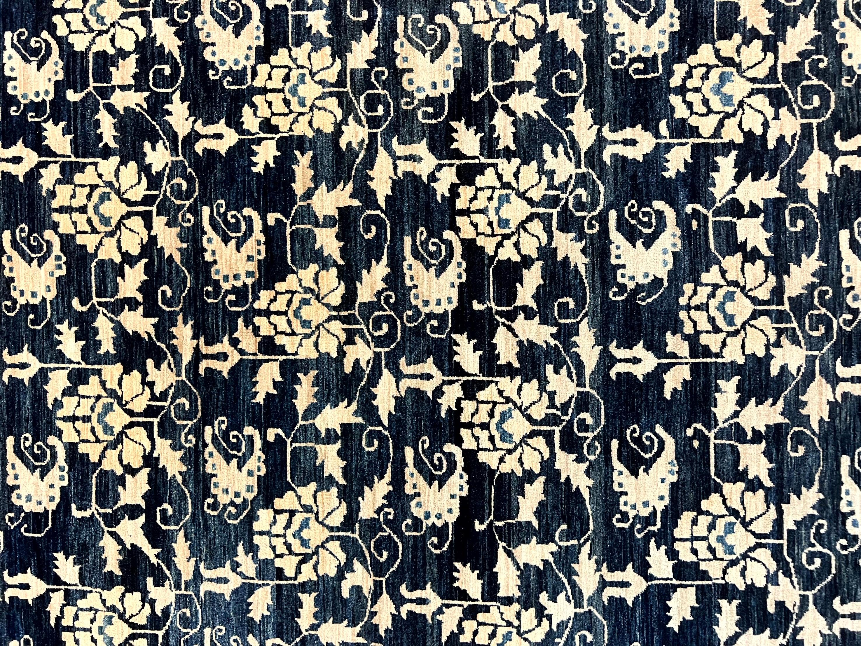 Sino Persian Rug 6x9, Hand Knotted Wool Carpet, Floral Allover, Blue Cream-Tan