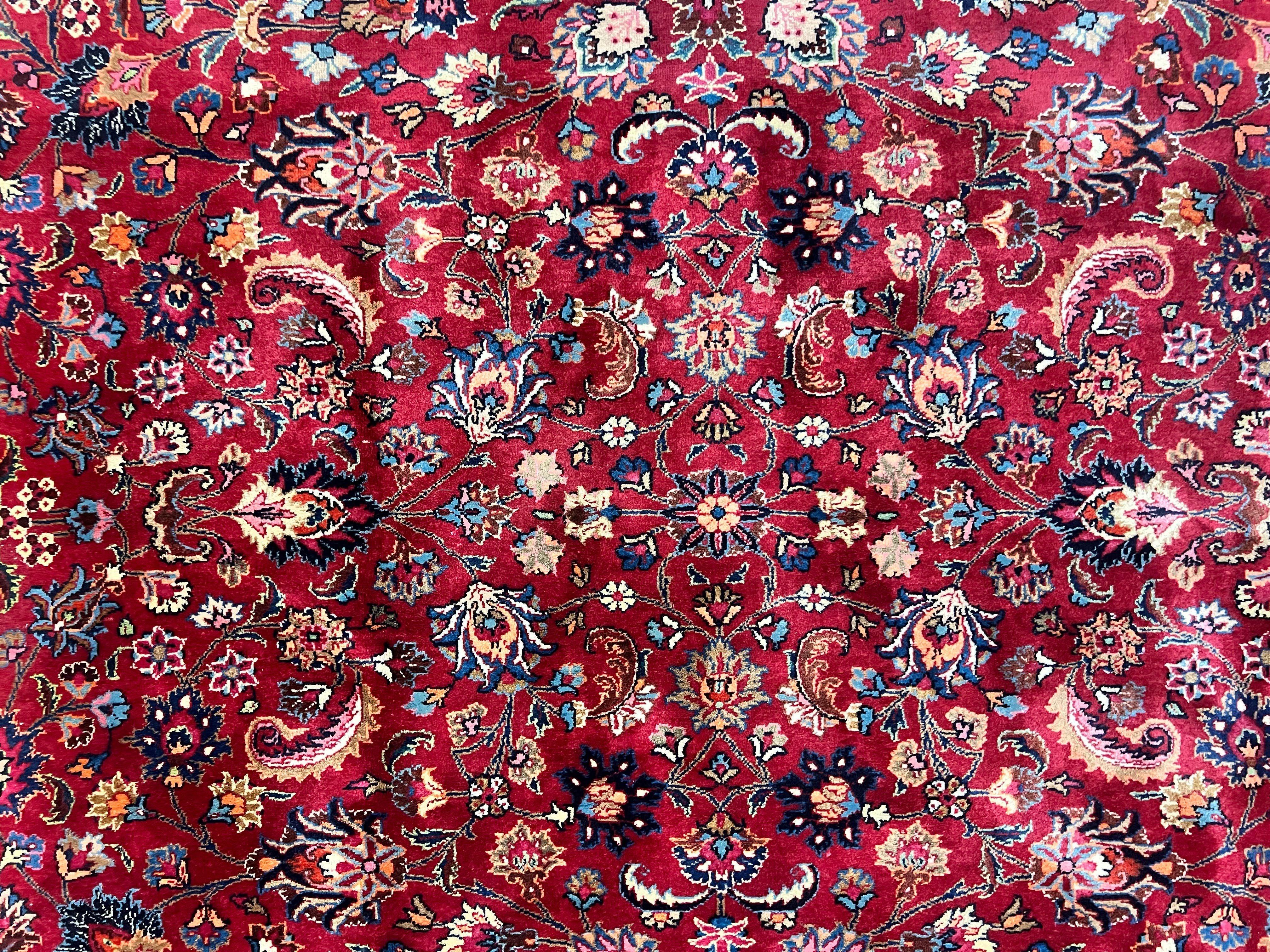 Signed Persian Mashad Rug 8x10, Wool Oriental Carpet, Semi Antique Rug, Hand Knotted, Traditional, Red, Floral Allover,