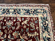 Indo Persian Rug 8x10, Floral Allover with Bird Pictorials, Maroon and Navy Blue, Handmade Wool Area Rug