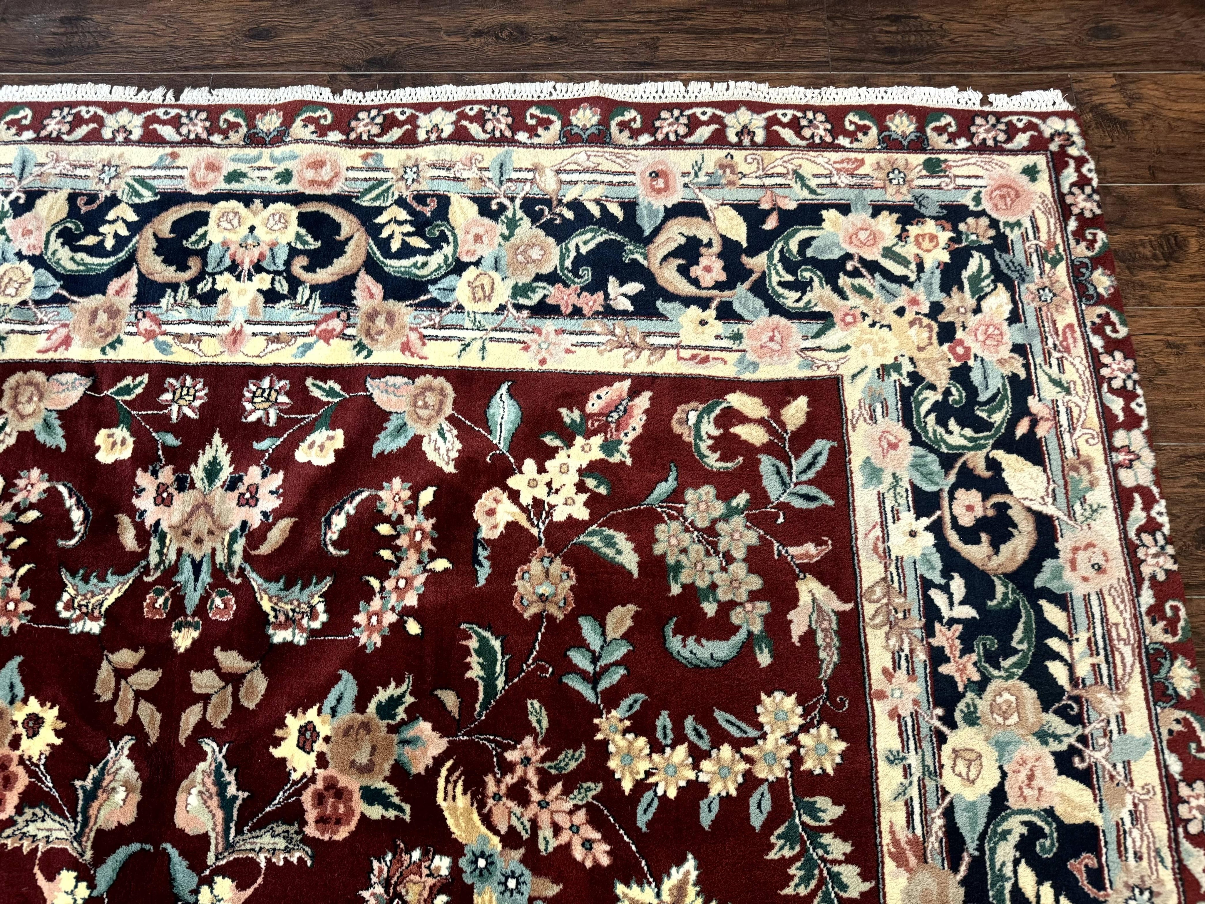 Indo Persian Rug 8x10, Floral Allover with Bird Pictorials, Maroon and Navy Blue, Handmade Wool Area Rug