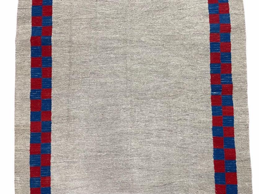 5' 7" x 7' 9" Geometric Kilim Carpet, Gray, Handmade, Hand-Knotted Area Rug, Blue & Red, Flatweave, Wool, New, Checkerboard Pattern