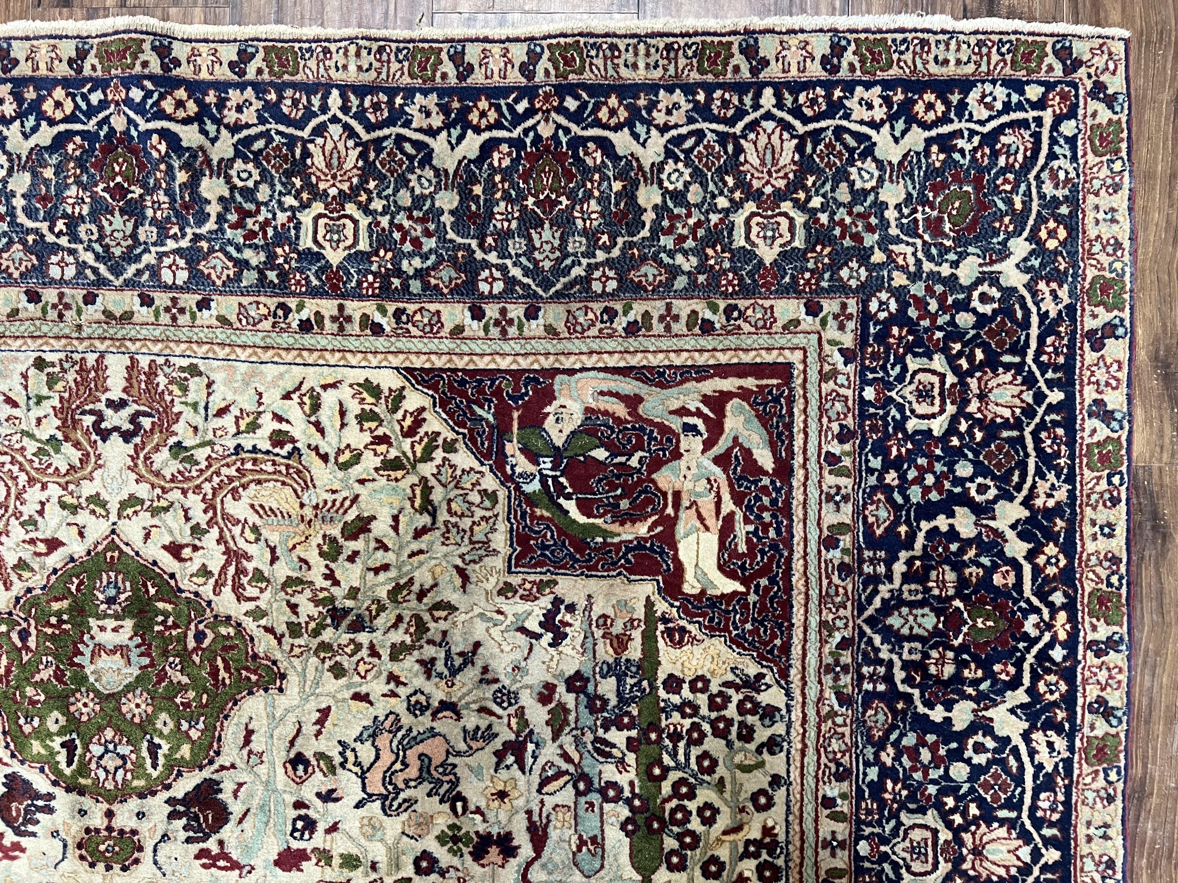 Rare Antique Indian Agra Rug, Early 20th Century Indian Carpet, Animal and Angel Motifs, Hunting Scene, Collectible Oriental Carpet, Wow