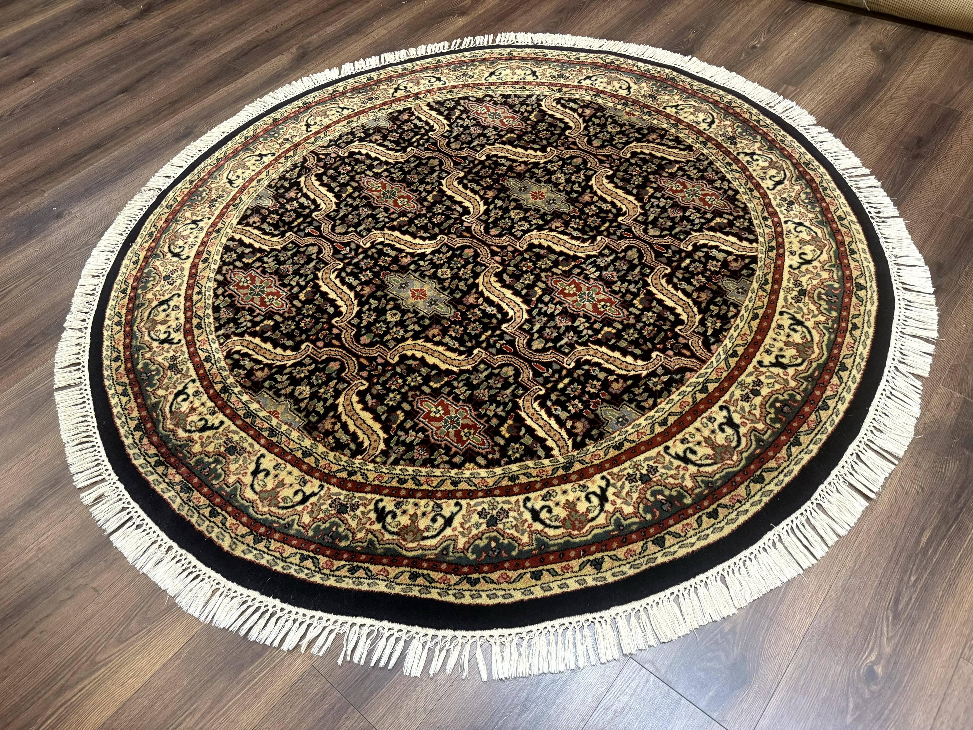 Round Indo Persian Rug 6x6, Indian Bidjar Rug, Navy Blue and Beige