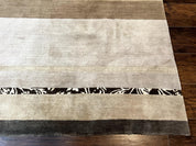 Modern Tibetan Nepali Rug 8x12, Stripe Pattern, Wool with Silk Highlights, Handmade, Beige Tan Brown
