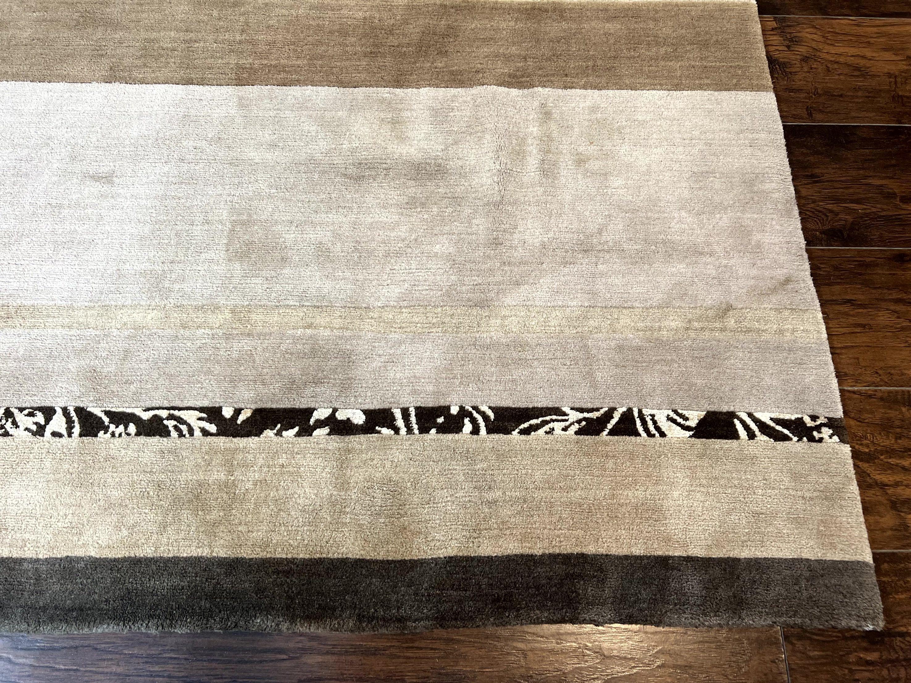 Modern Tibetan Nepali Rug 8x12, Stripe Pattern, Wool with Silk Highlights, Handmade, Beige Tan Brown