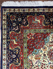 Wonderful Sino Persian Rug 6x10 with Animal Pictorial Motifs, Cream Dark Red Navy Blue, Birds Gazelles, Two Medallions, Top Quality Handmade