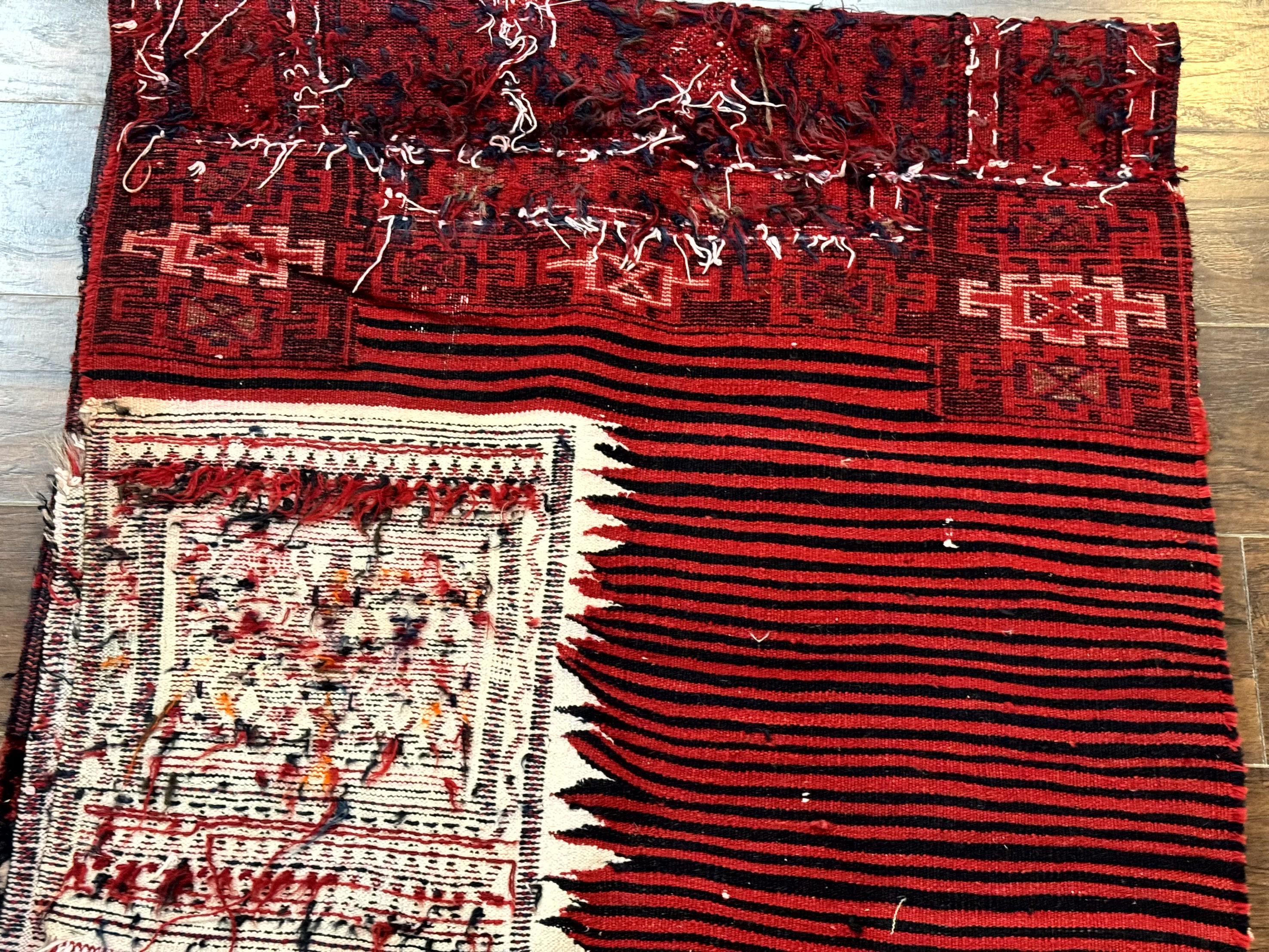 Persian Tribal Nomadic Saddle Cover Rug, Antique, Handmade, Wool, Red Ivory Black, Collectible, Shashavan