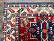 Turkish Kazak Rug 6x8, Caucasian Design, Geometric Medallions, Red Blue Beige