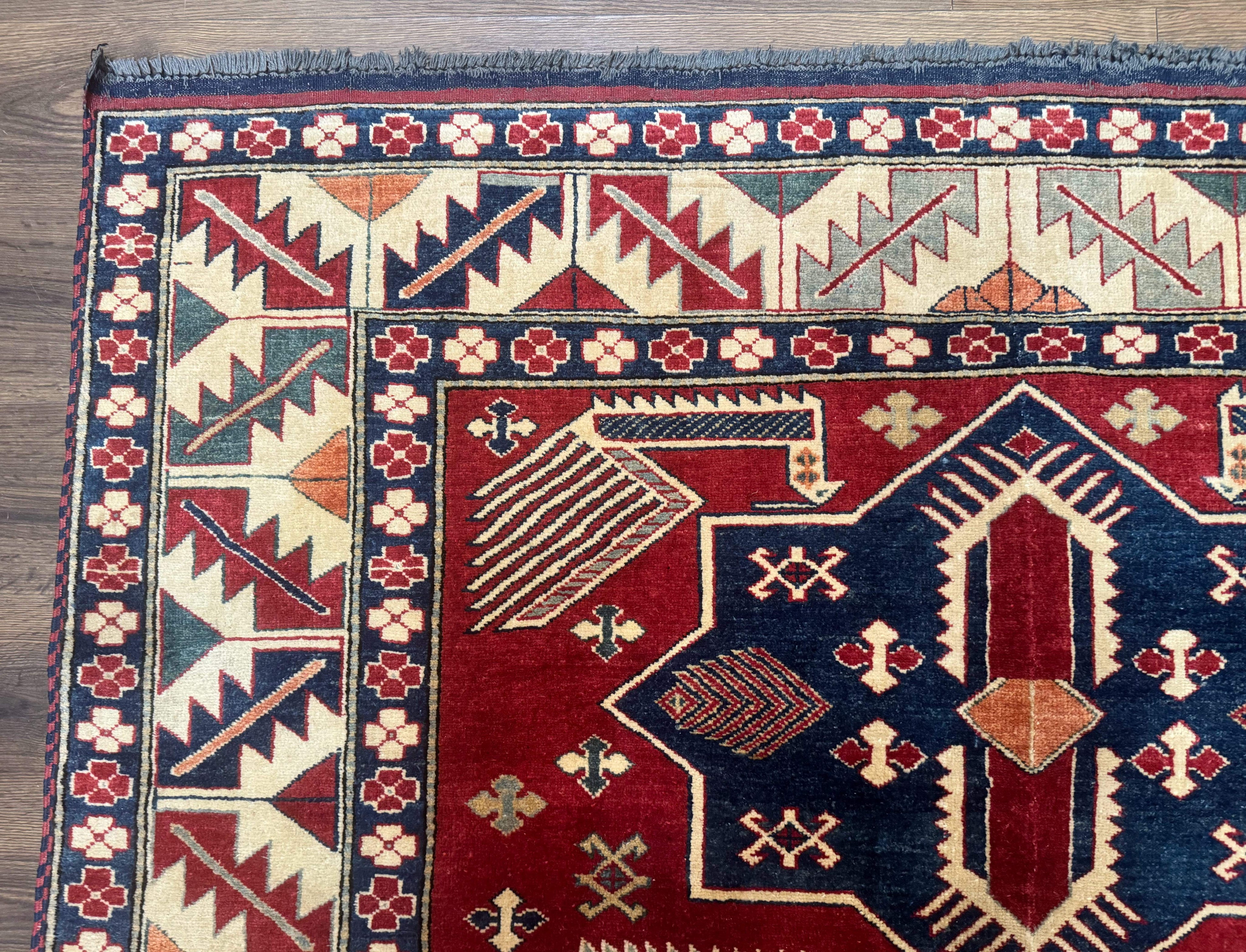 Turkish Kazak Rug 6x8, Caucasian Design, Geometric Medallions, Red Blue Beige