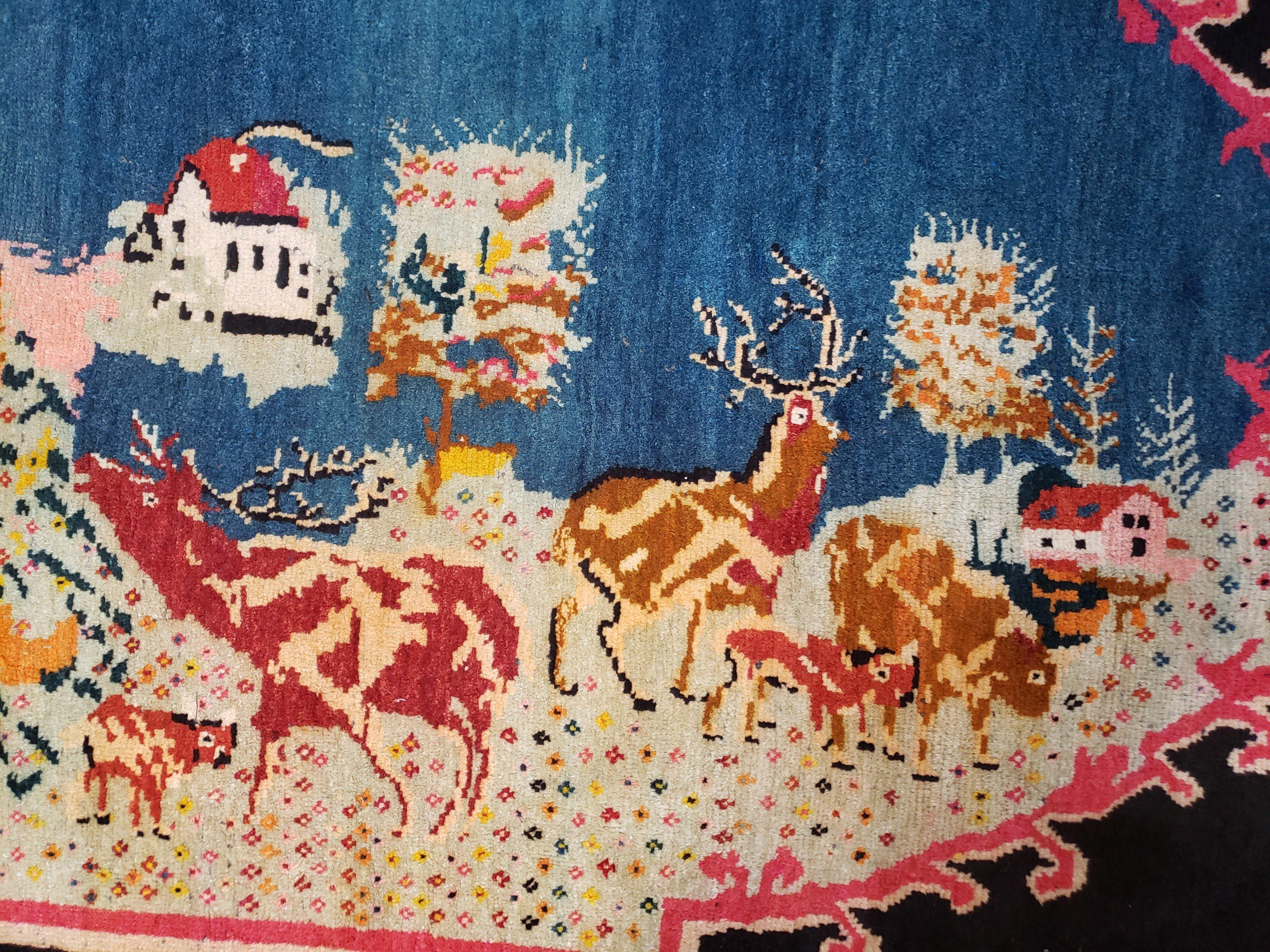 Antique Persian Pictorial Rug 4'6" x 9', Wool Hand-Knotted Blue Roses Karabagh Caucasian Carpet, 1920s Girl Deer Tapestry Wall Hanging Rug