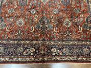 Persian Sarouk Rug 9x12, Red and Dark Blue Floral Allover Antique Persian Carpet, Handmade Wool Qazvin Rug