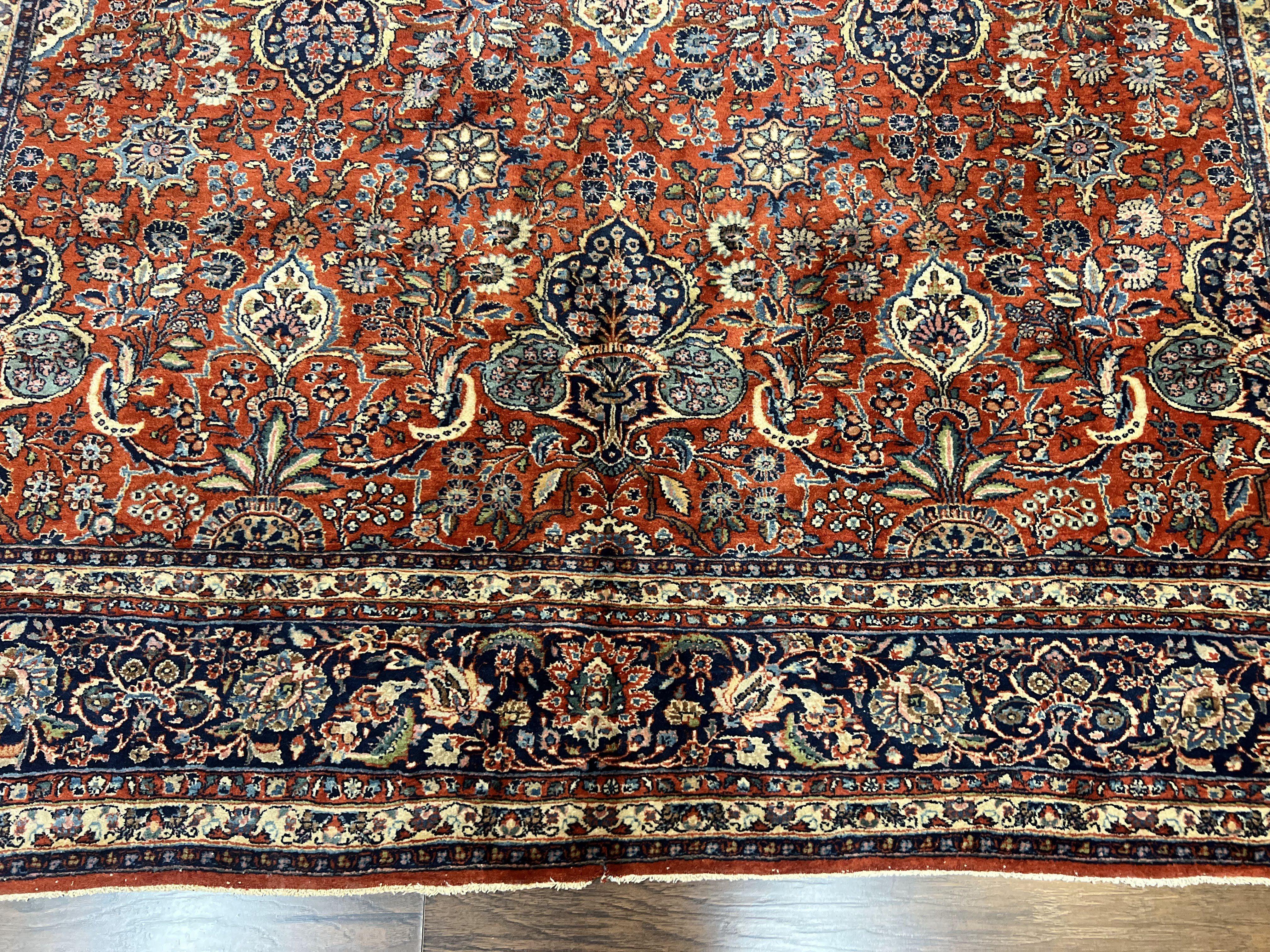 Persian Sarouk Rug 9x12, Red and Dark Blue Floral Allover Antique Persian Carpet, Handmade Wool Qazvin Rug