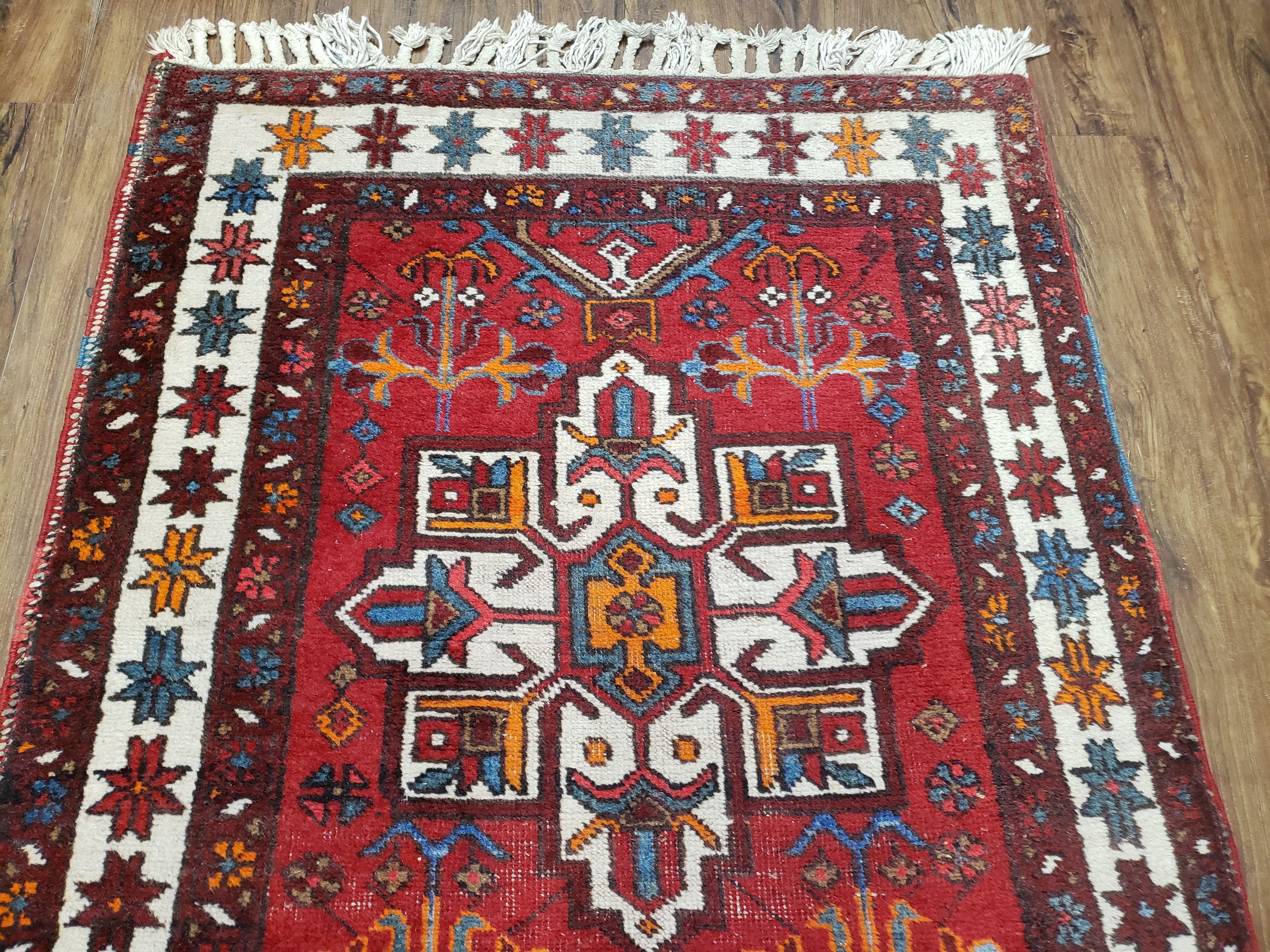 Antique Persian Heriz Karajeh Runner Rug, Red, Hand-Knotted, Wool, 3' 3" x 10' 11"