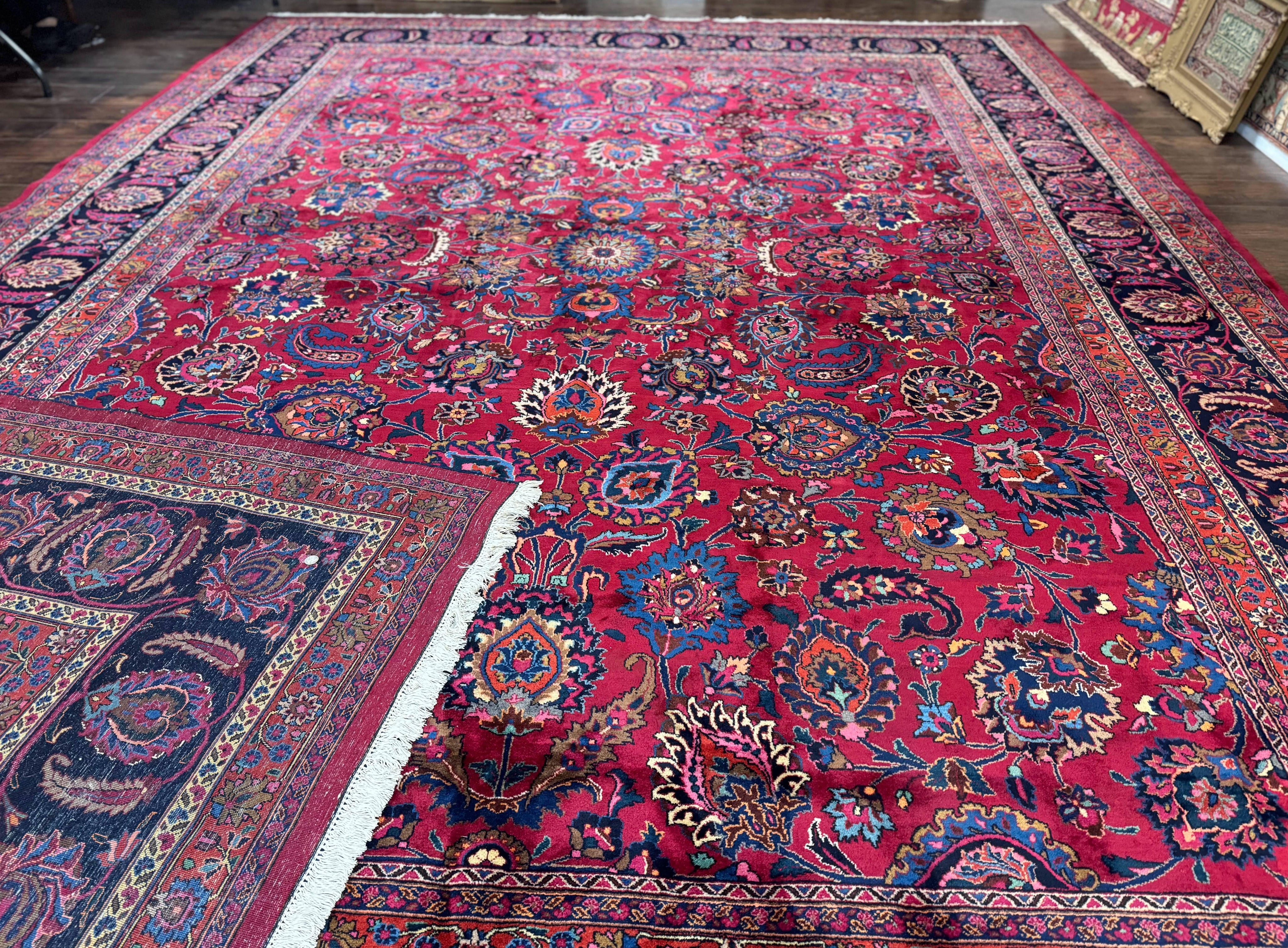 Palace Size Persian Mashad Rug 12x16, Raspberry and Navy Blue, Signature from Master Weaver, Antique Handmade Large Wool Carpet