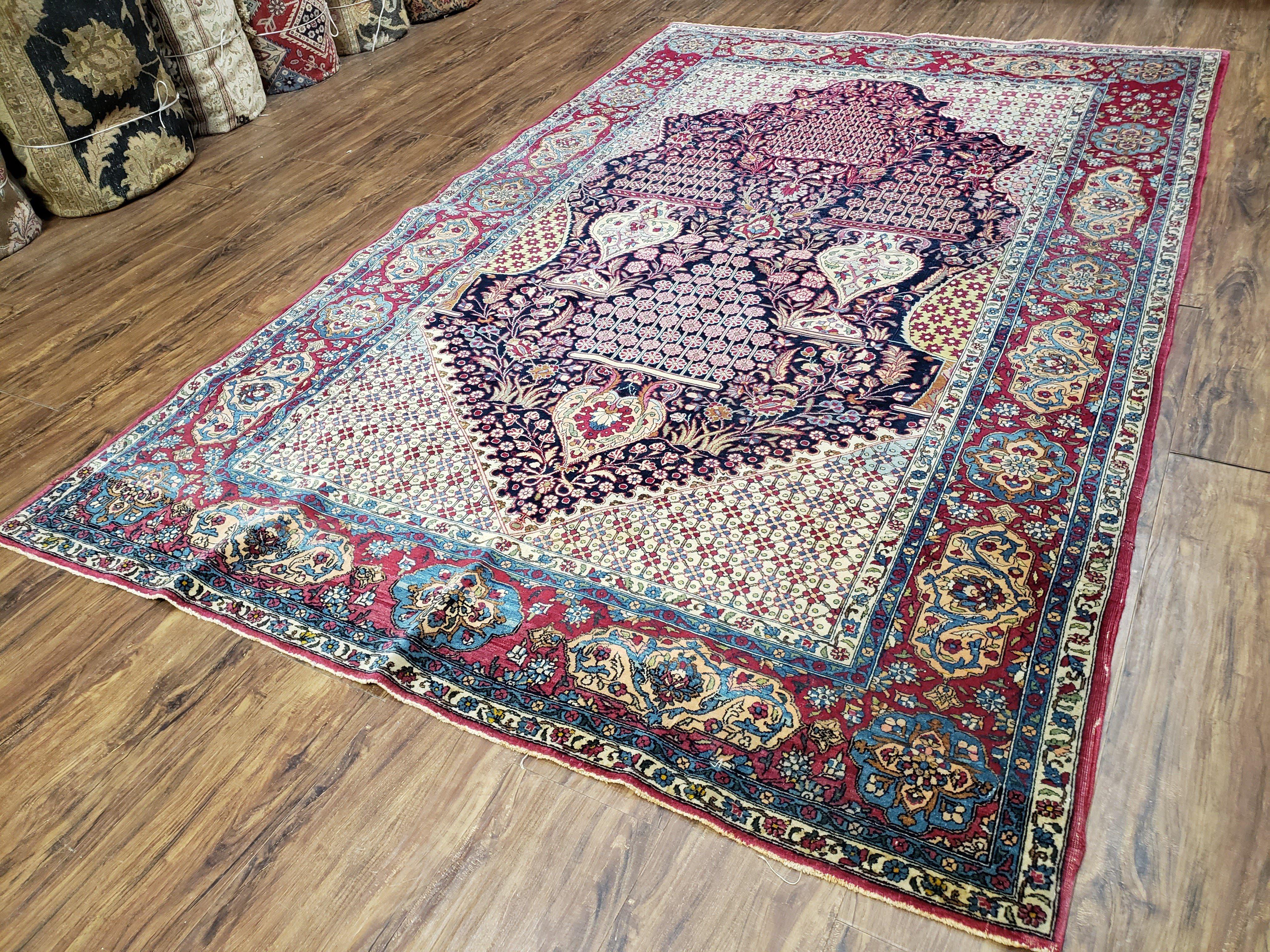 Antique Persian Tehran Rug 5x8, Midnight Blue and Red, Hand-Knotted, Wool