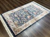 Turkish Silk Hunting Design Rug 4x6, Dark Steel Blue & Ivory, Bamboo Silk, New