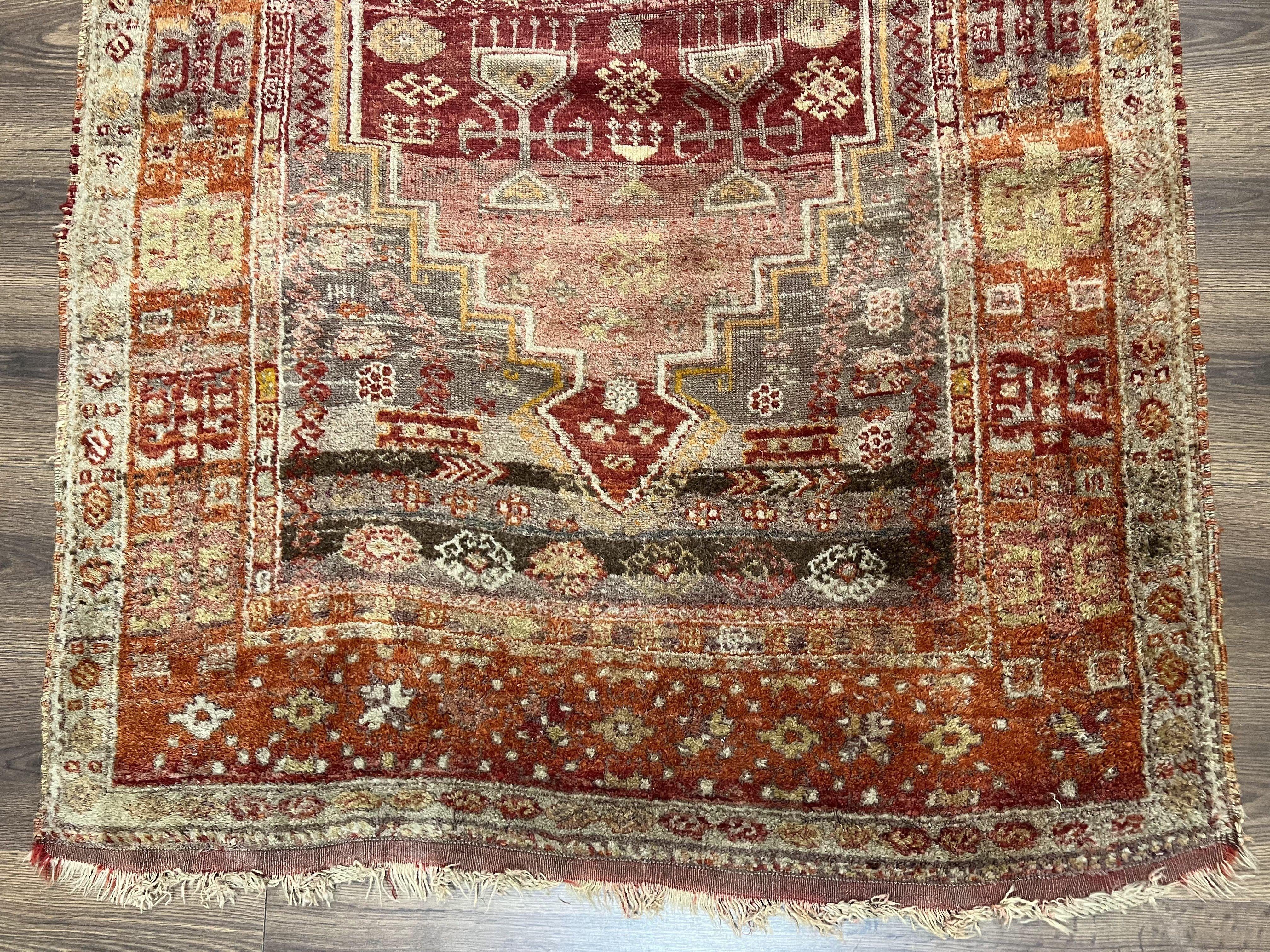 Antique Turkish Melas Rug 4x7, Tribal Geometric Unique Collectible Hand Knotted Wool Oriental Carpet, Rare 1920s Rug, Burnt Orange Red