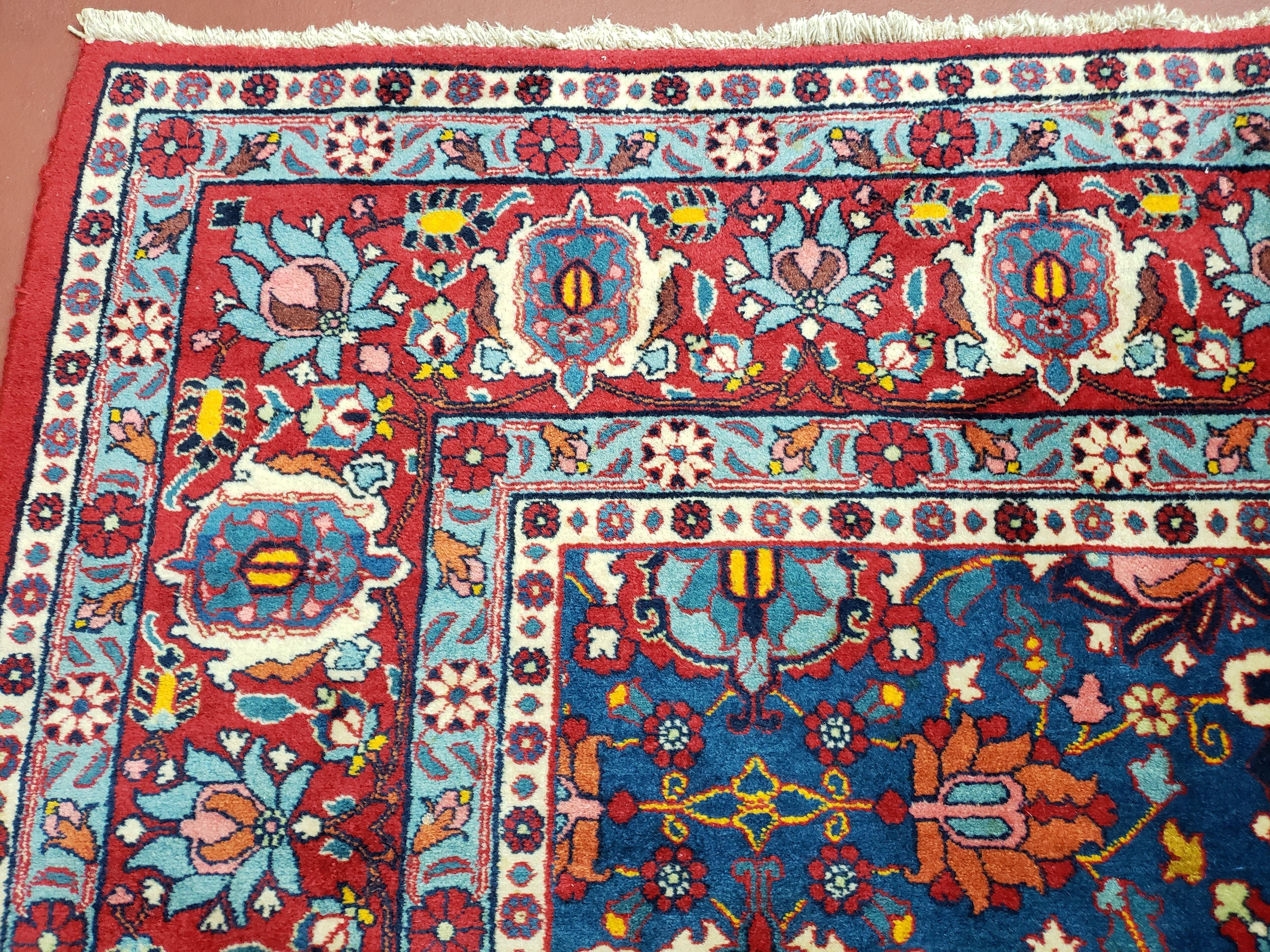 Rare Antique Persian Veramin Carpet, Mina-Khani Pattern, Blue, Red, Ivory, 7x11 ft, Hand-Knotted, Wool