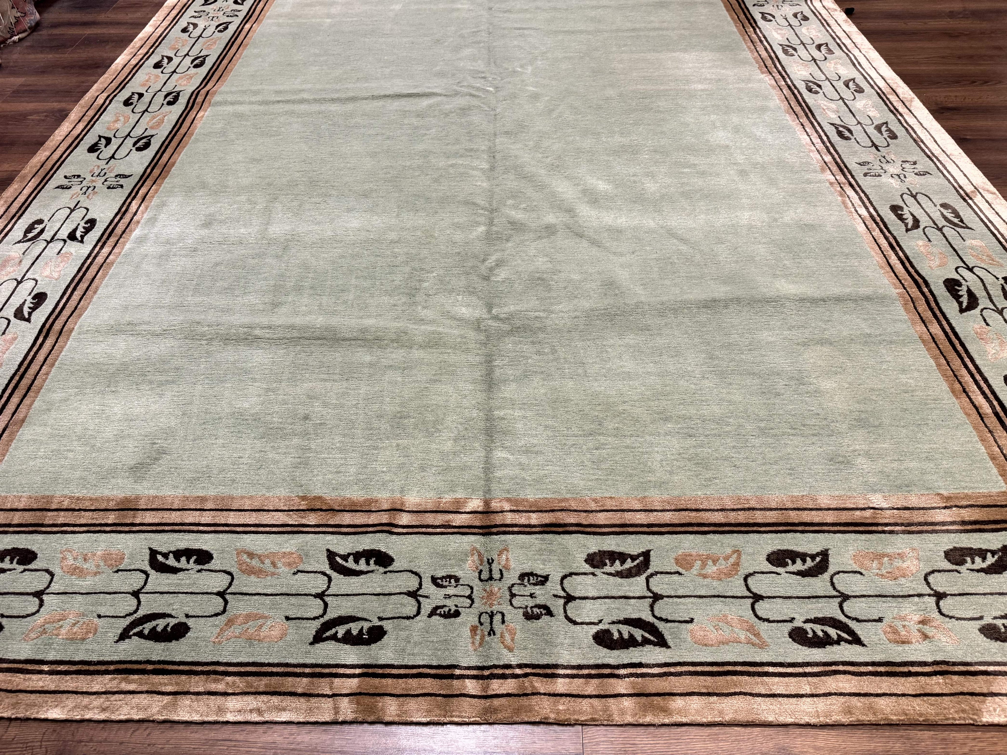 Palace Size Nepali Rug 9x18, Open Field, Light Mint Green, Wool Hand Knotted, Modern Contemporary