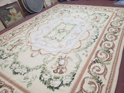 Elegant Aubusson Rug 10 x 14, Cream and Ivory Simple Aubusson Floral Carpet, Hand-Woven, European, New Aubusson Rug, Wool Area Rug, Violins