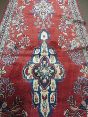 Persian Runner Rug 3 x 12, Antique Wool Oriental Runner, Floral Vases, Red & Navy Blue