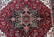 Indo Persian Heriz Rug 8x10, Geometric Medallion, Brick Red Ivory Navy Blue, Room Sized Heriz Carpet, Wool Rug