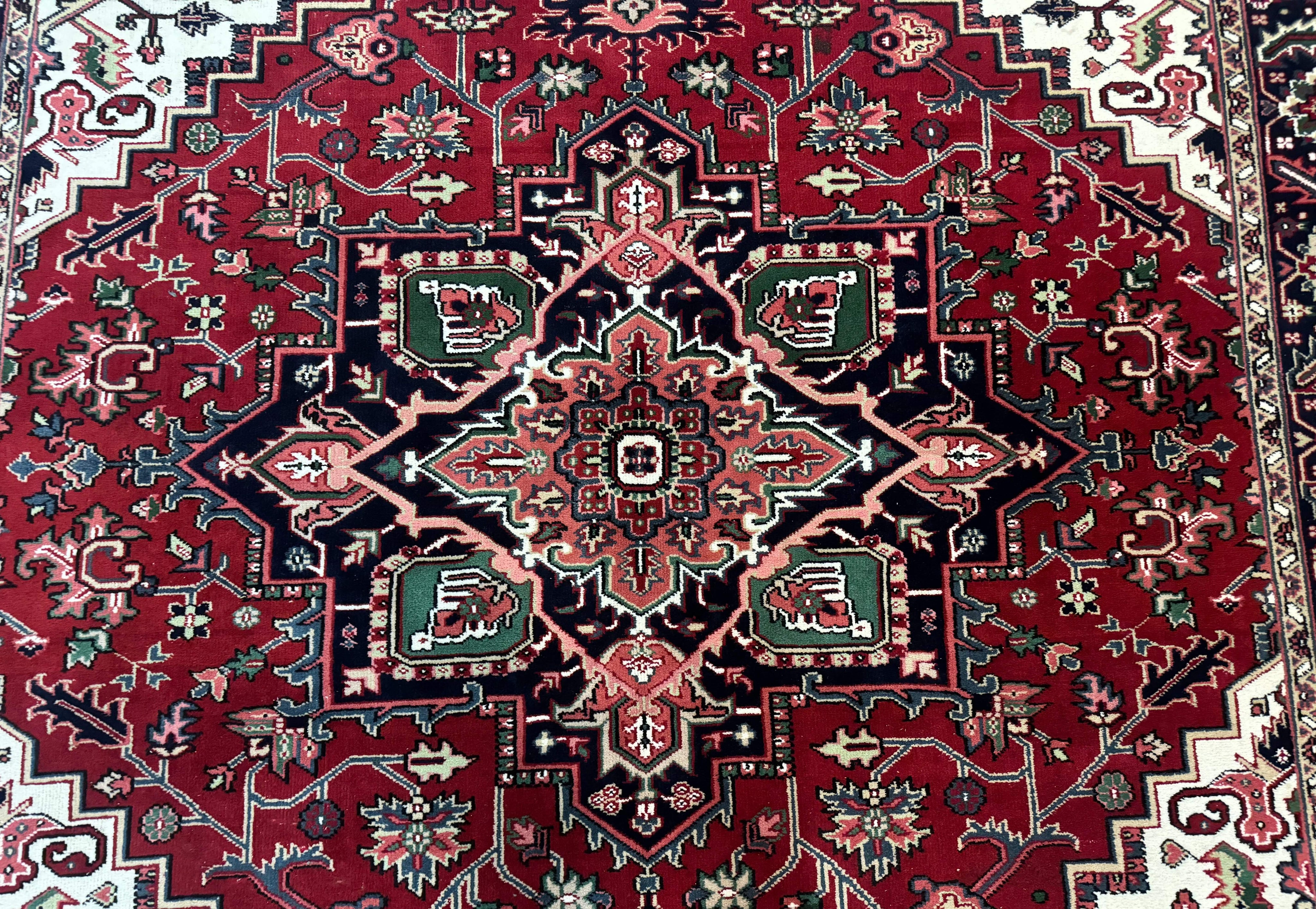 Indo Persian Heriz Rug 8x10, Geometric Medallion, Brick Red Ivory Navy Blue, Room Sized Heriz Carpet, Wool Rug