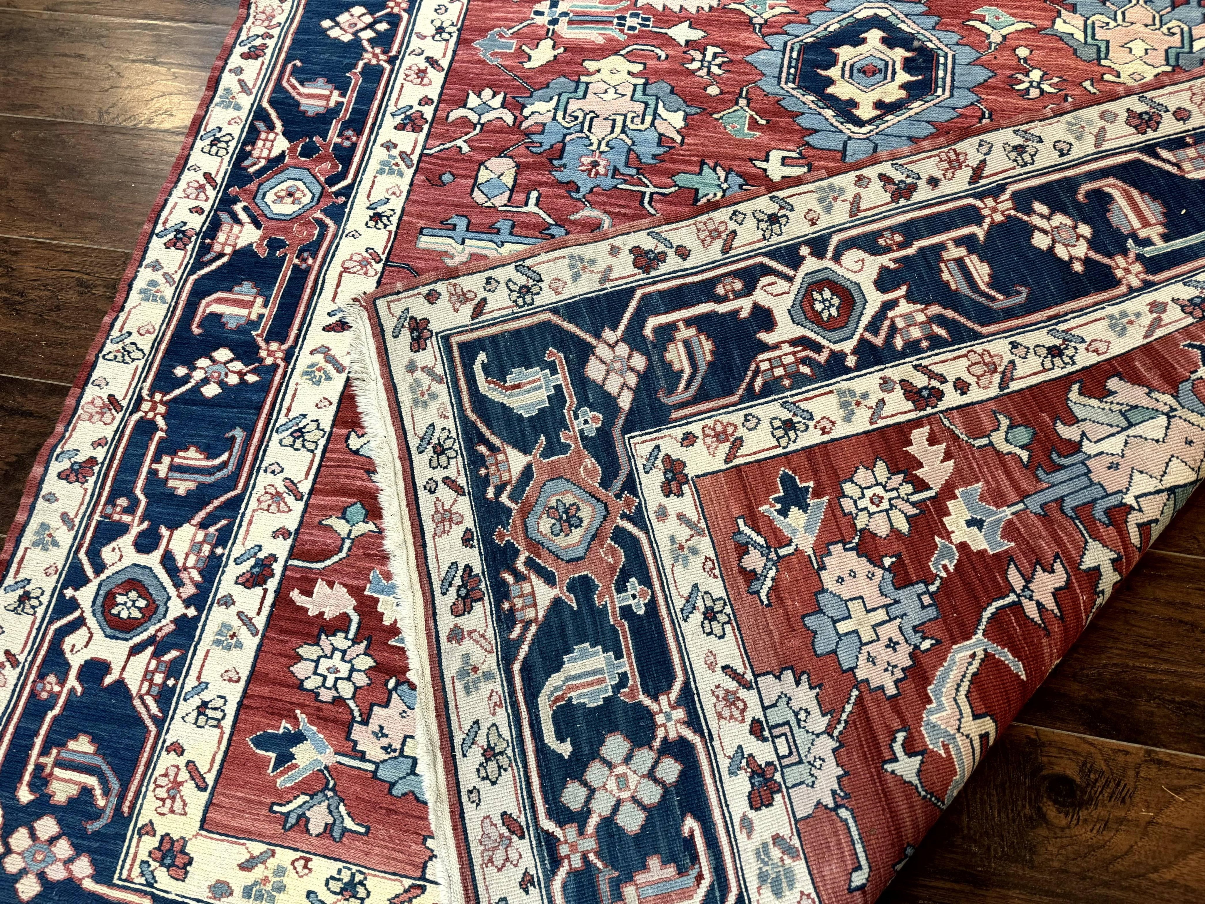 Turkish Flatweave Rug 6x9, Heriz Design, Red and Blue