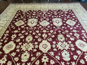 Pakistani Peshawar Rug 10x14, Handmade Chobi Carpet, Maroon & Beige