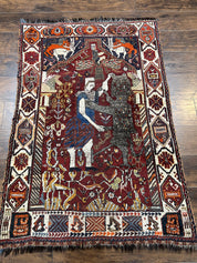 Antique Persian Shiraz Pictorial Rug 3.6 x 5, Persian Tribal Rug, Handmade, Lions, Highly Unique Collectible Small Persian Carpet, Maroon, Wool