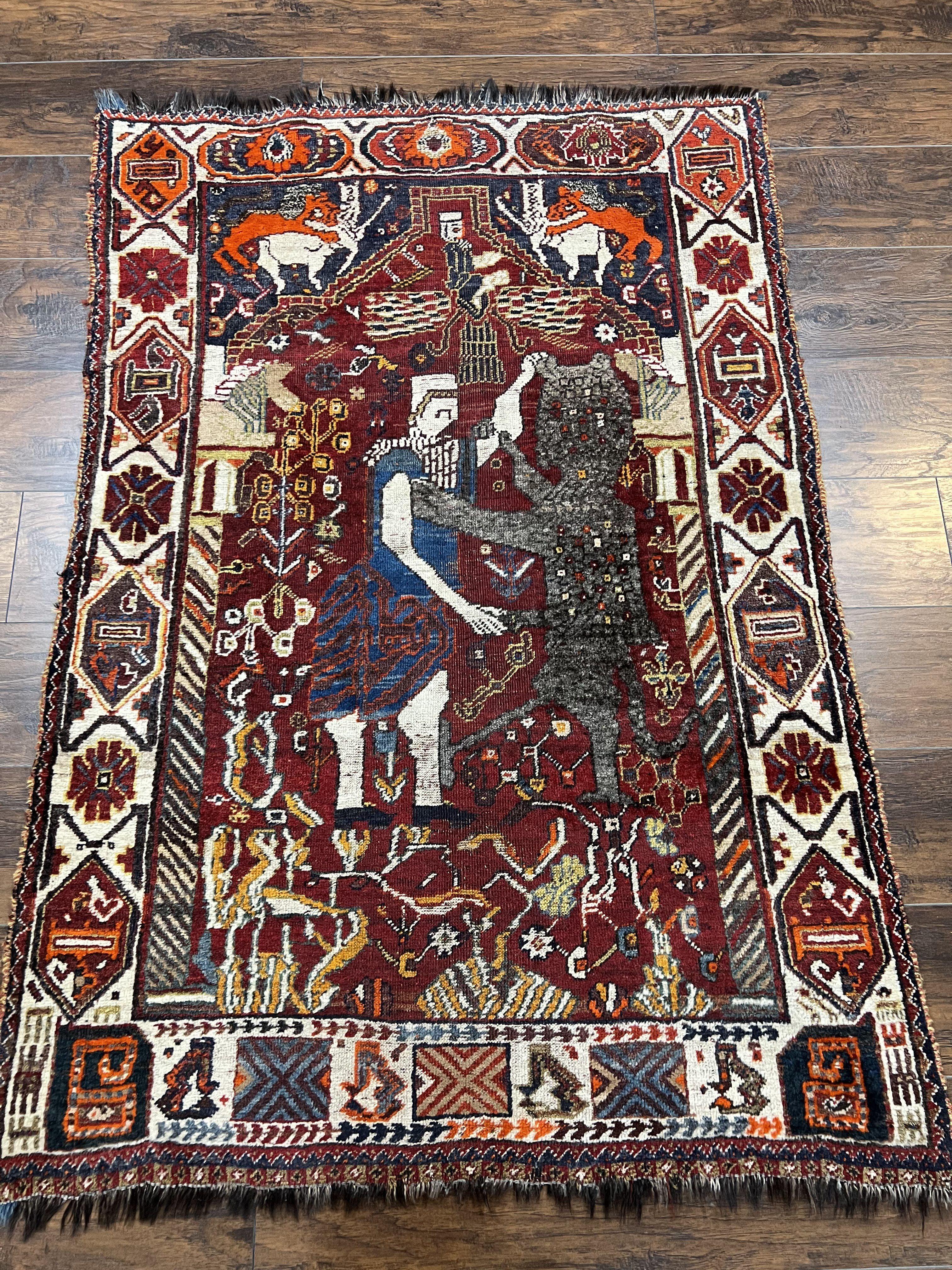 Antique Persian Shiraz Pictorial Rug 3.6 x 5, Persian Tribal Rug, Handmade, Lions, Highly Unique Collectible Small Persian Carpet, Maroon, Wool