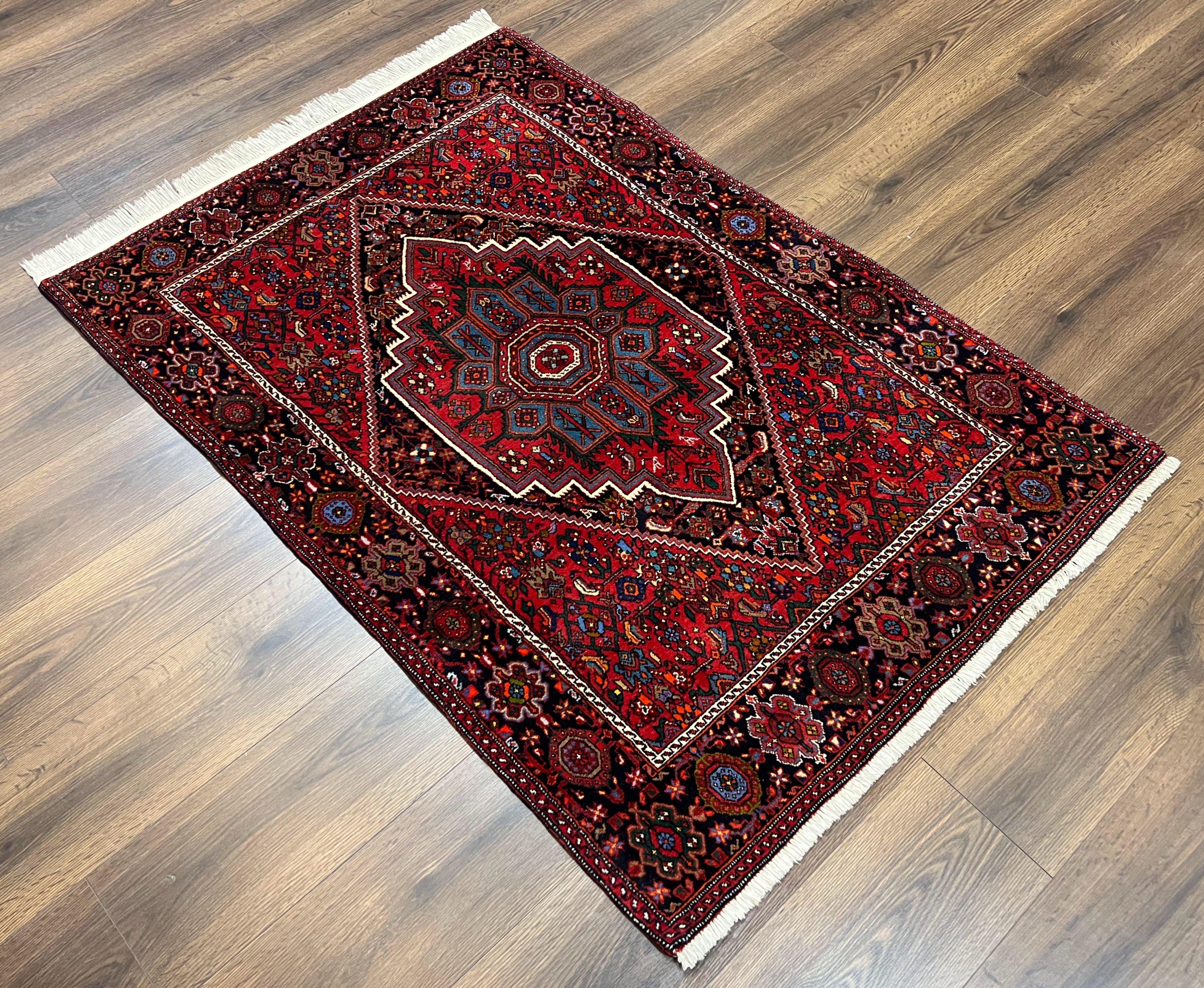 Fine Persian Bidjar Rug 3x5 ft, Ruby Red and Black, Geometric Medallion, Hand Knotted Semi Antique Oriental Bijar Carpet, Wool Area Rug, Tribal Rug