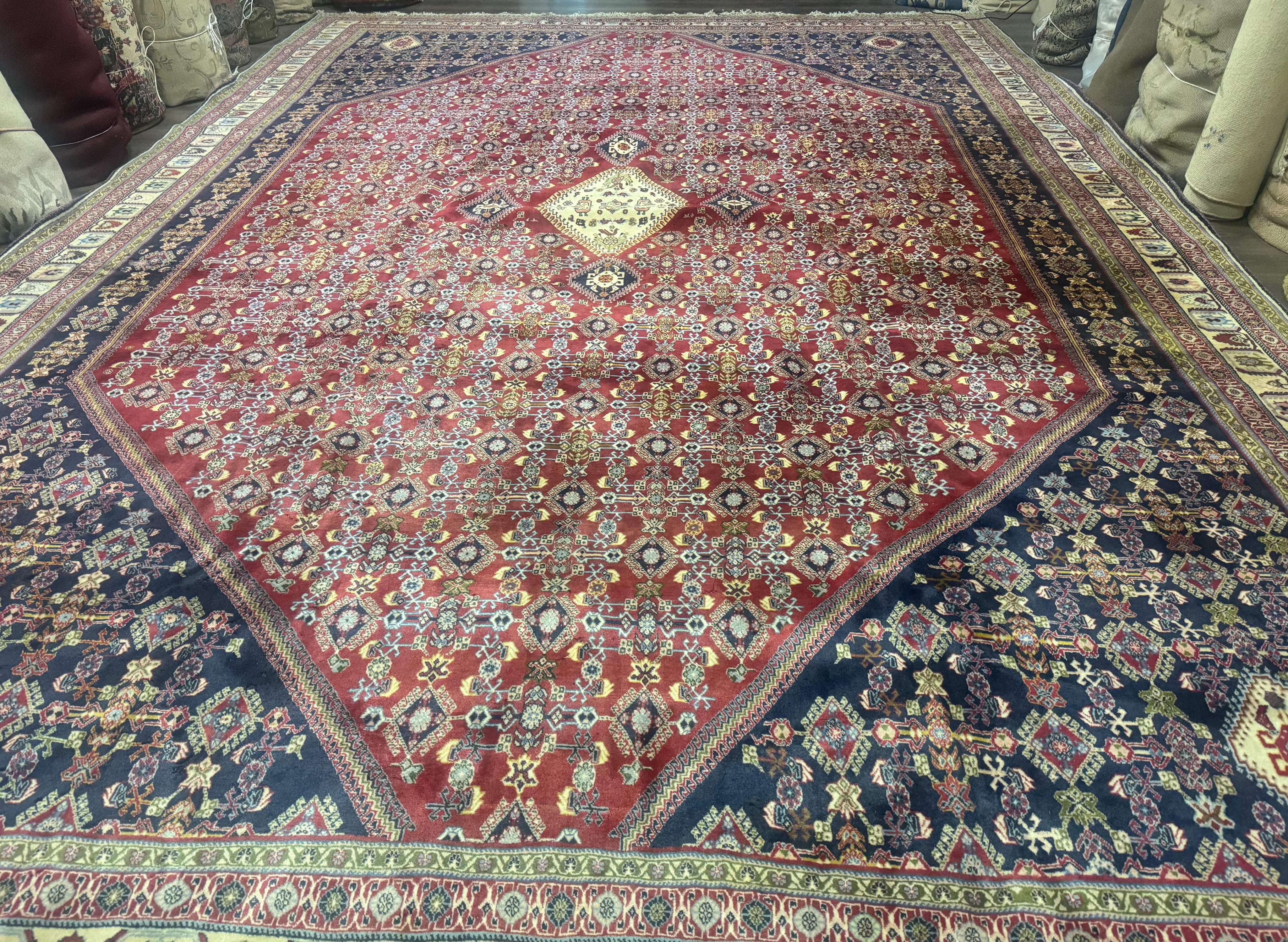 Palace Size Persian Shiraz Rug 13x19, Tribal Rug, Herati Pattern, Brick Red Navy Blue Beige, Oversized Persian Wool Area Rug, Extra Large