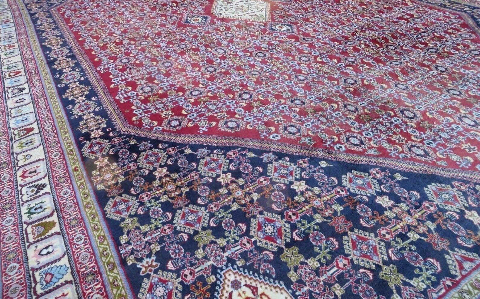 Oversized Persian Shiraz Tribal Rug 13x19, Palace Sized Oriental Carpet, Handmade Hand-Knotted X Large Rug, Red Blue Cream, Allover Herati Pattern