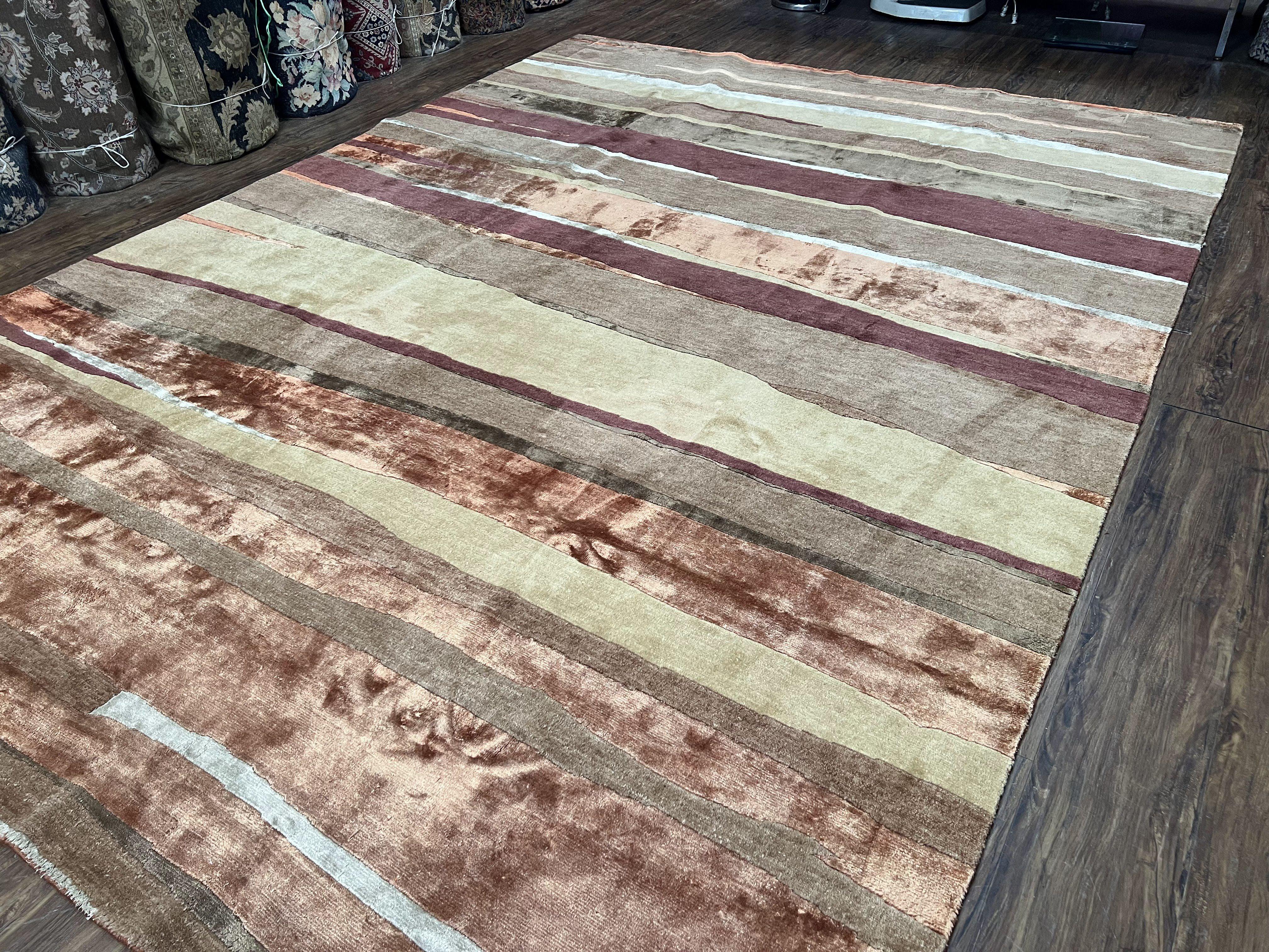 Modern Tibetan Rug 8x11 Nepali Carpet, Shiny Velvely Soft Wool and Silk, Contemporary Hand Knotted Rug, Striped Design, Wool Area Rug 8 x 11