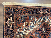 Heriz Rug 5.6 x 8, Geometric Medallion, Wool Oriental Carpet, Tribal Boho Rug, Red Navy Blue Cream, Belgium Power Loomed Rug, Medium Sized